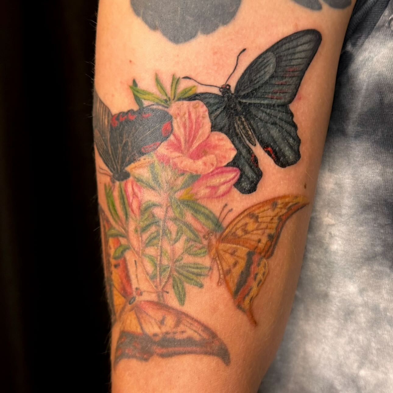 Butterflies and flowers realism tattoo on the forearm by Enda 🧚🏻‍♀️