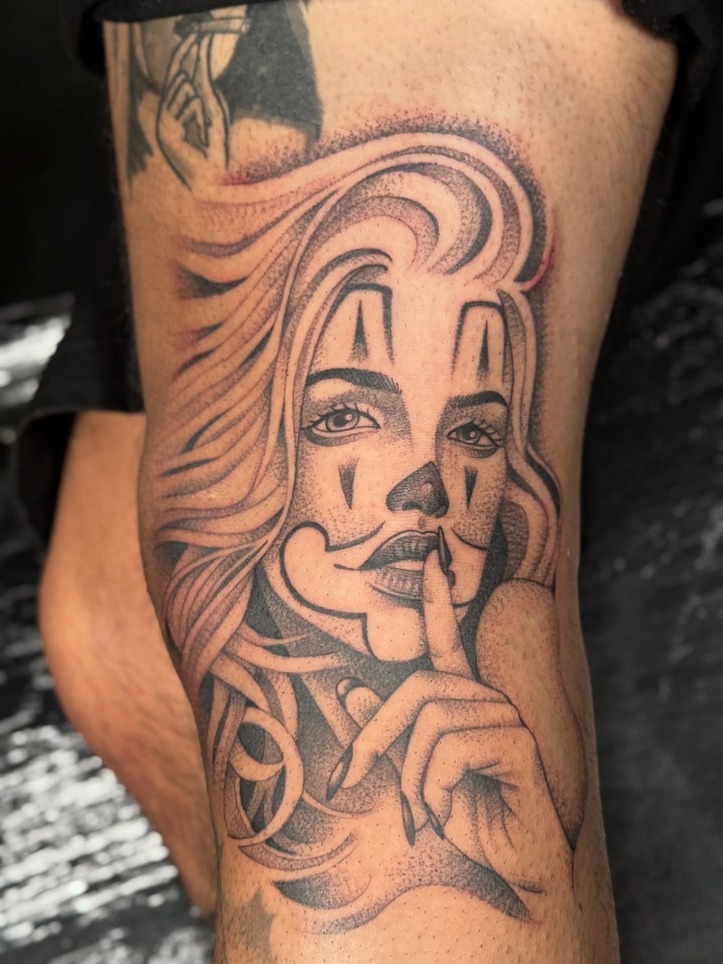 Woman dotwork tattoo on the forearm by Miles Romero Smith
