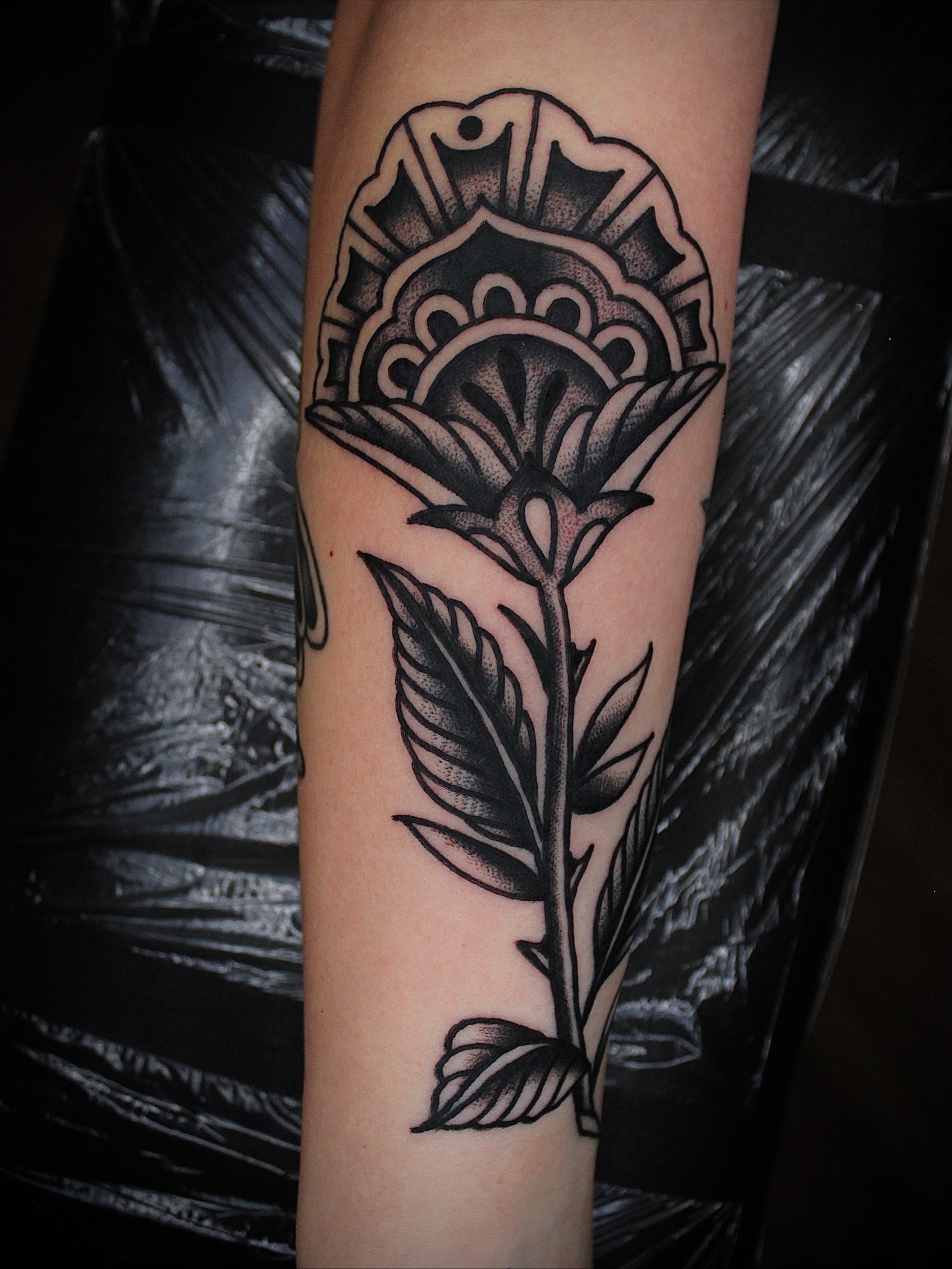 Flower black and grey tattoo on the forearm by Dustin Stemen, Charlotte, North Carolina