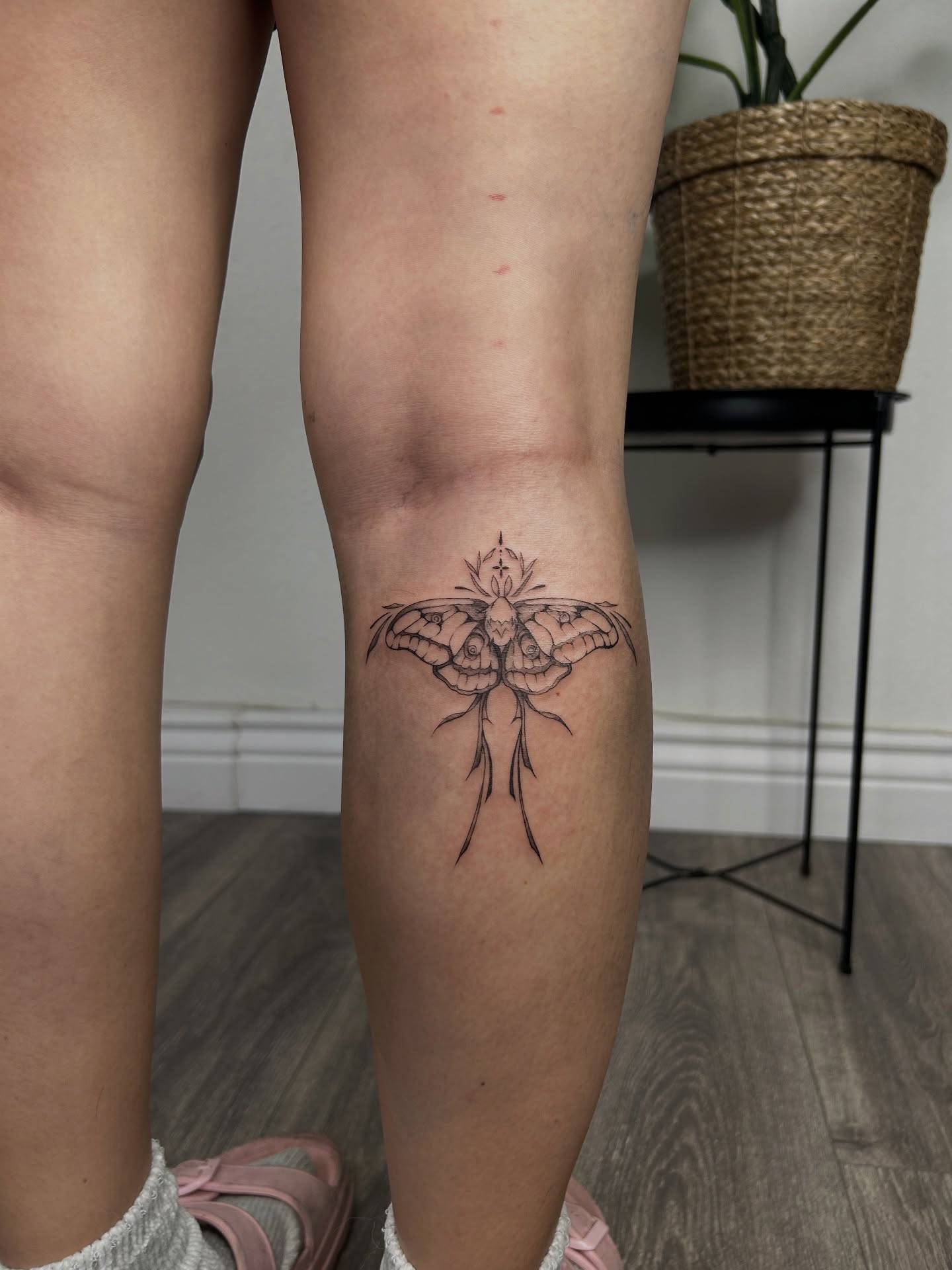 Moth black and grey tattoo on the leg by Miri