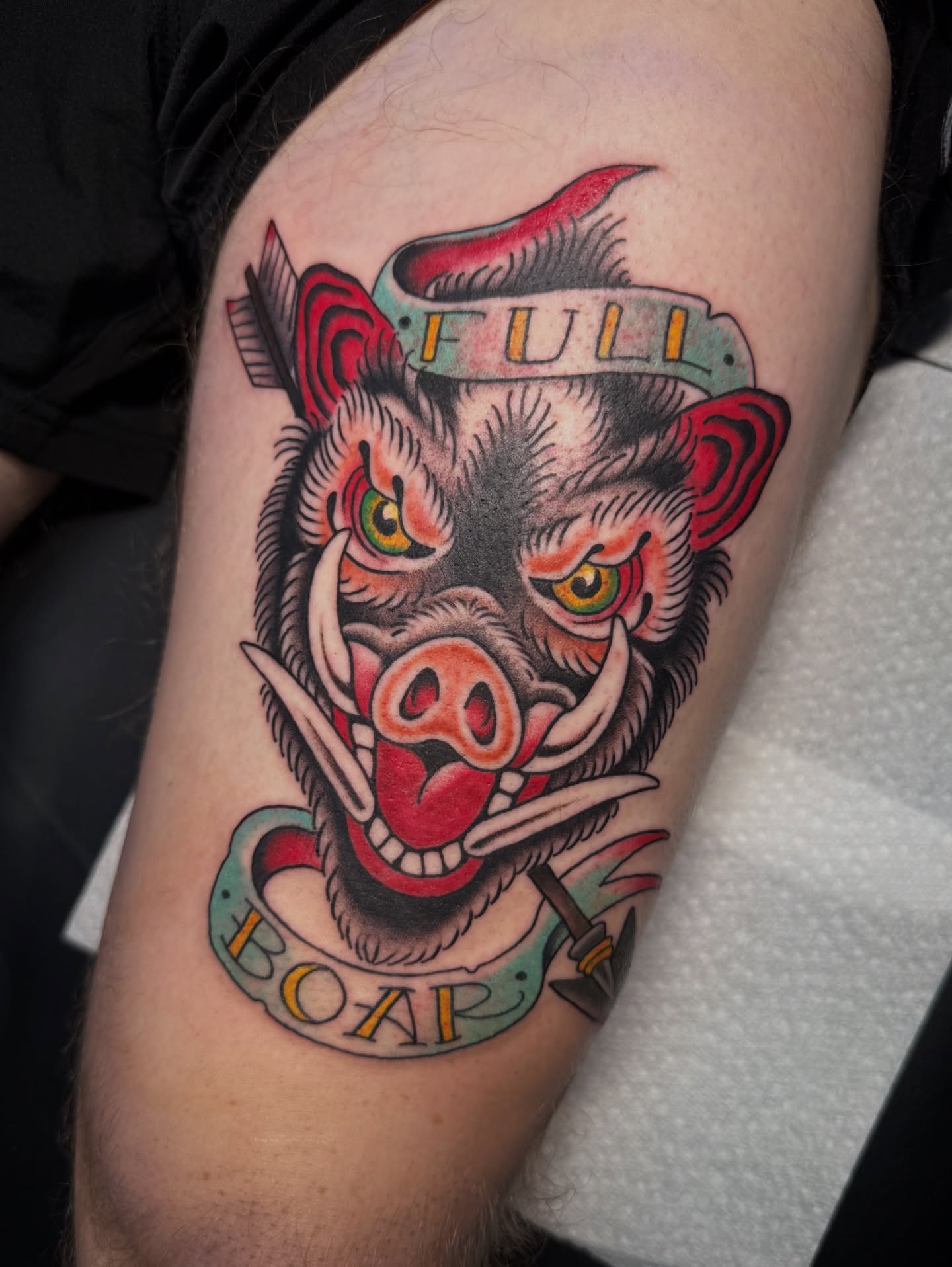 Boar American traditional tattoo on the thigh by Hannah Edwards, Austin, Texas