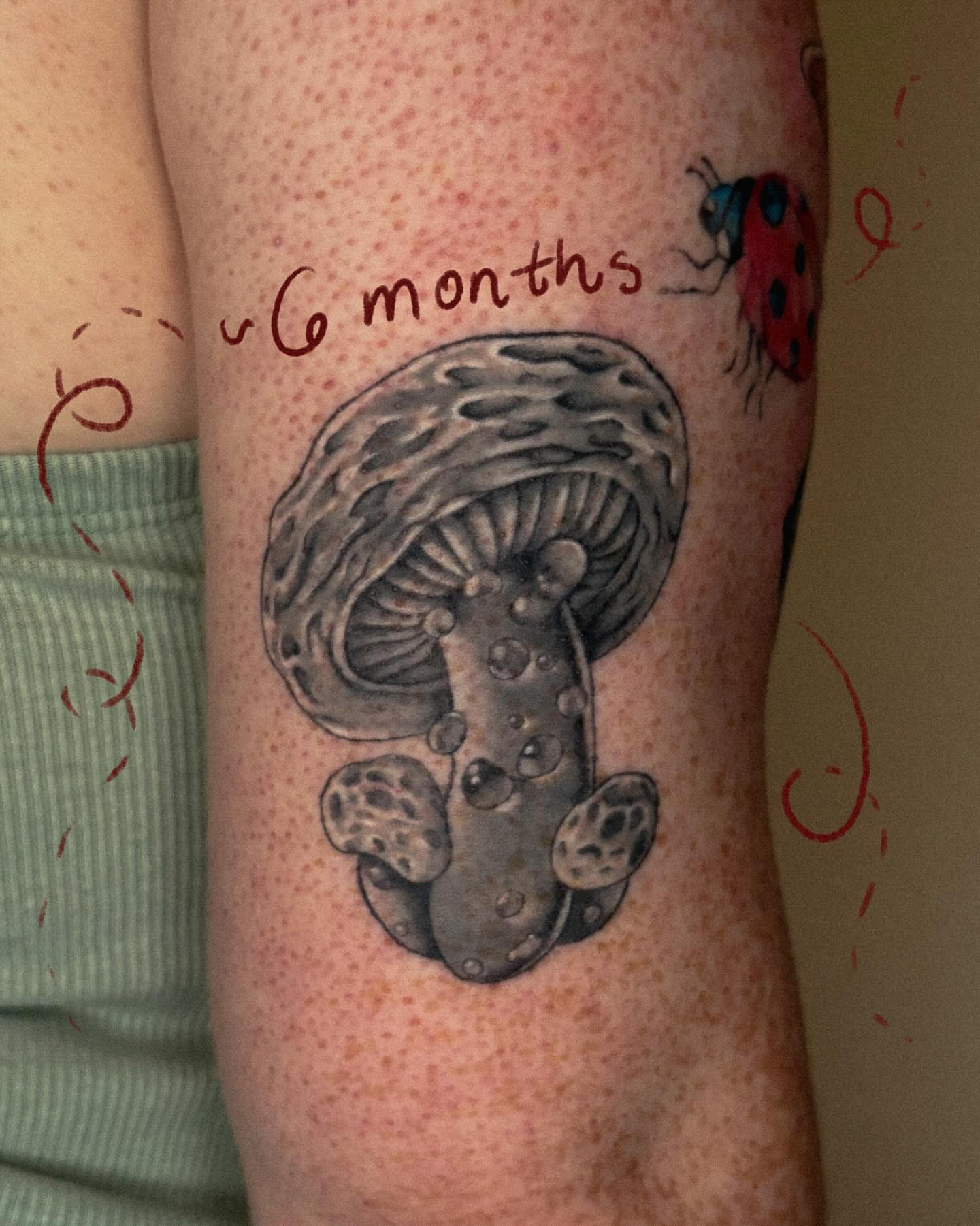 Mushroom realism tattoo on the forearm by Autumn