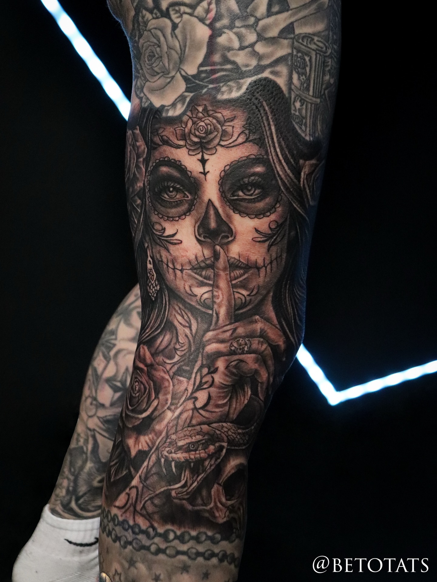 Sugar skull woman realism tattoo on the forearm by Beto Tats, Round Rock, Texas
