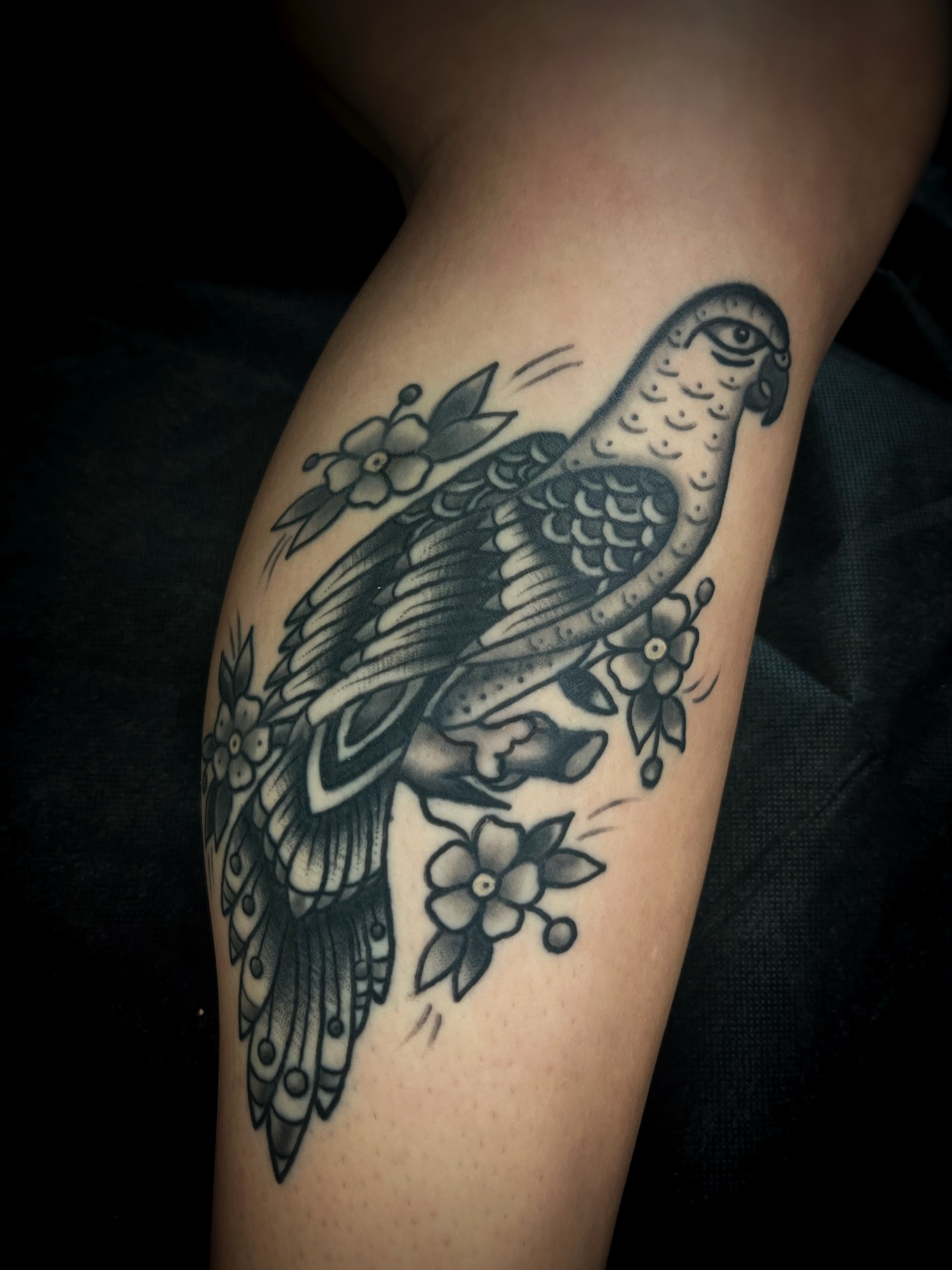 Peacock American traditional tattoo on the forearm by Gilbert Gonzalez