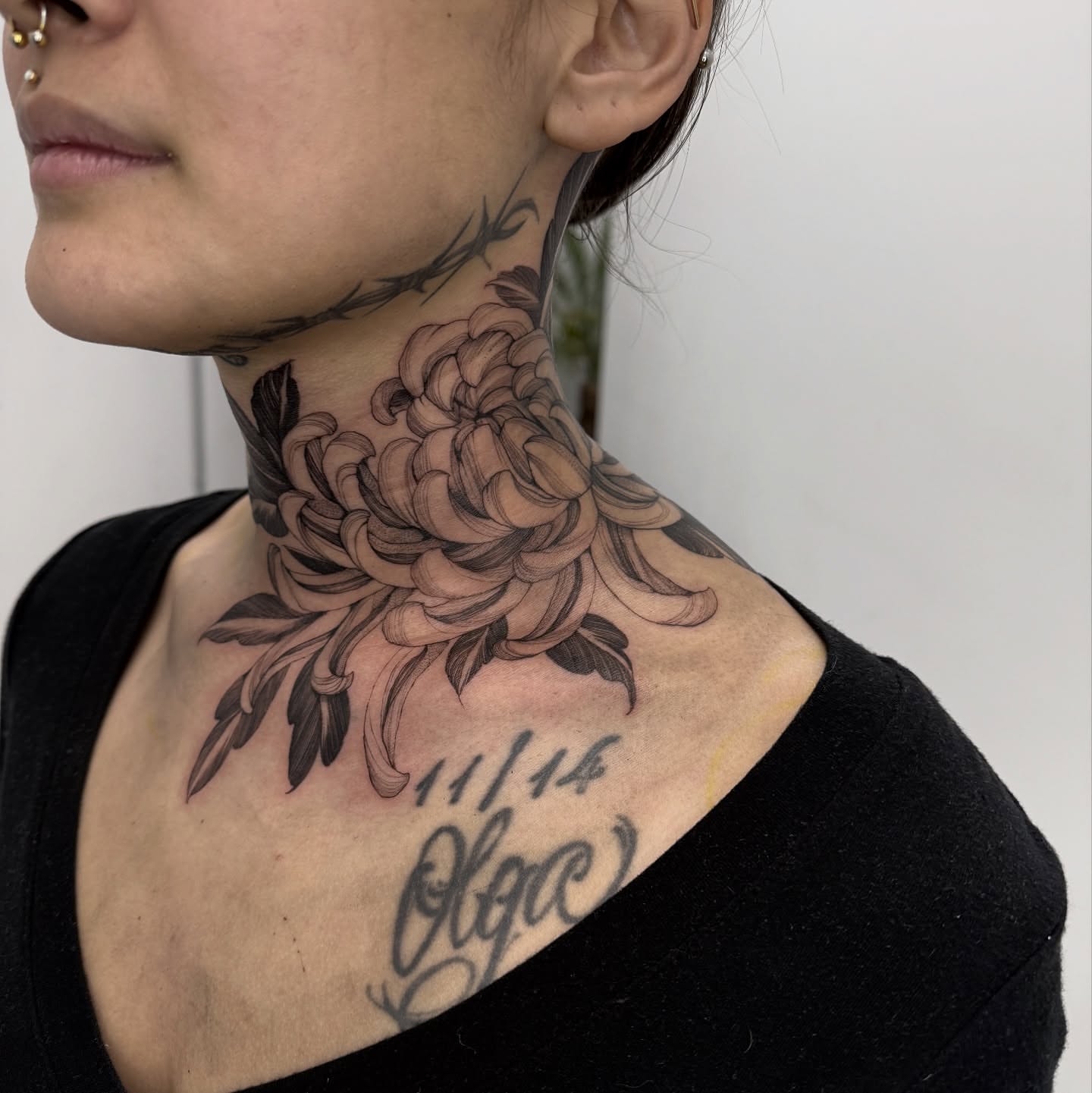 Chrysanthemum black and grey tattoo on the neck by 🥀michael Ta 🥀