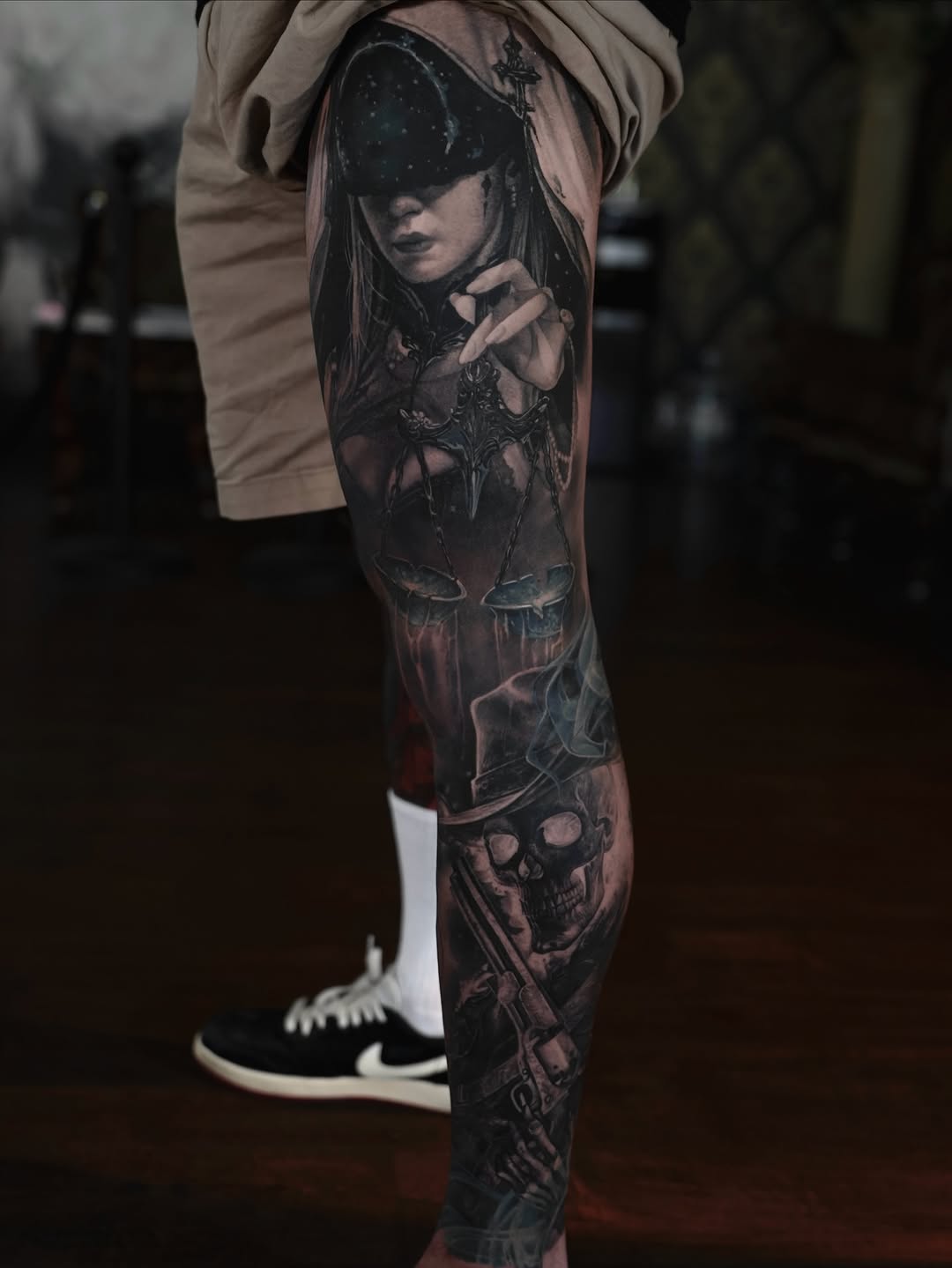 Surrealism tattoo on the calf by Dmitriy Paramonov πΊπ¦