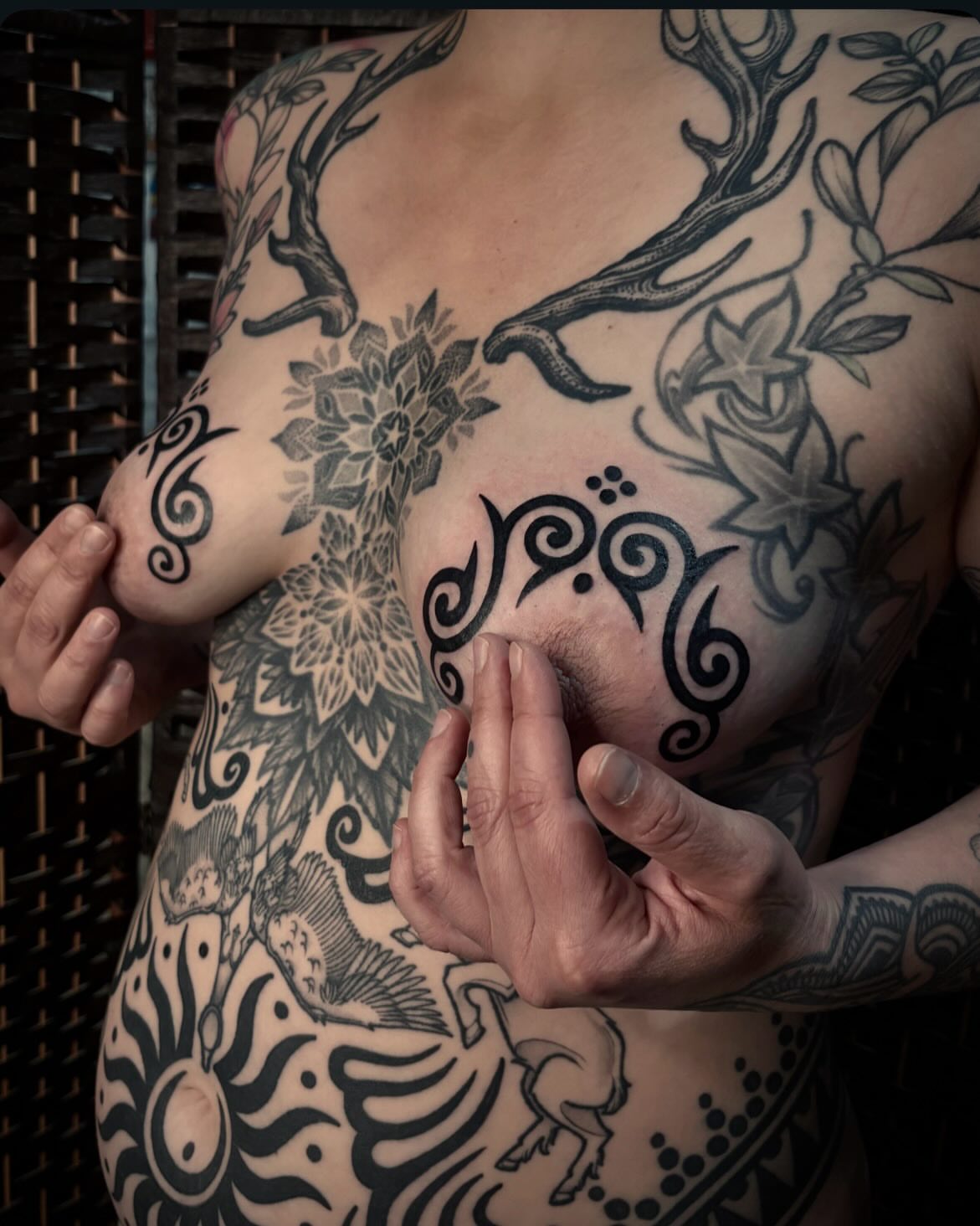 Antlers and floral tribal tattoo on the chest by π€ π
πͺ π‘ π π π© π© π π€