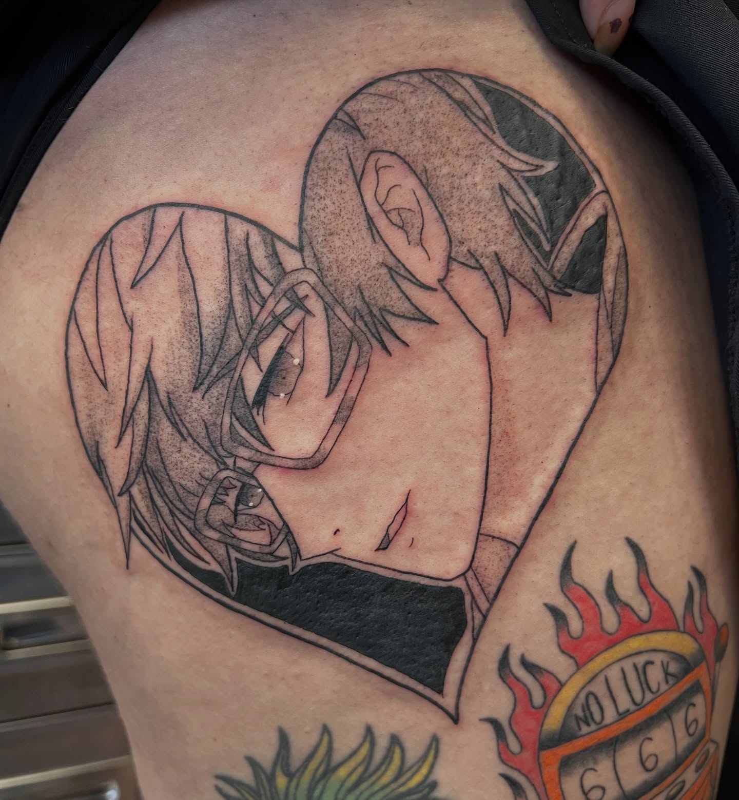 Anime character dotwork tattoo on the thigh by Leslie Paskoff