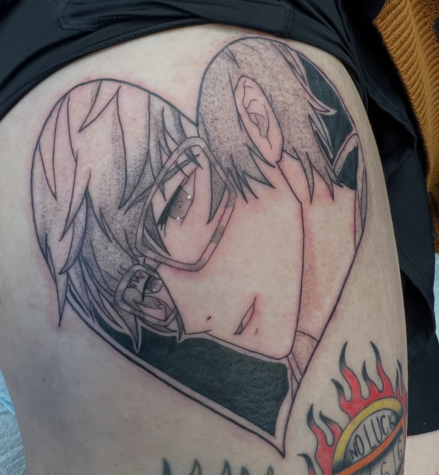 Anime character anime tattoo on the thigh by Leslie Paskoff