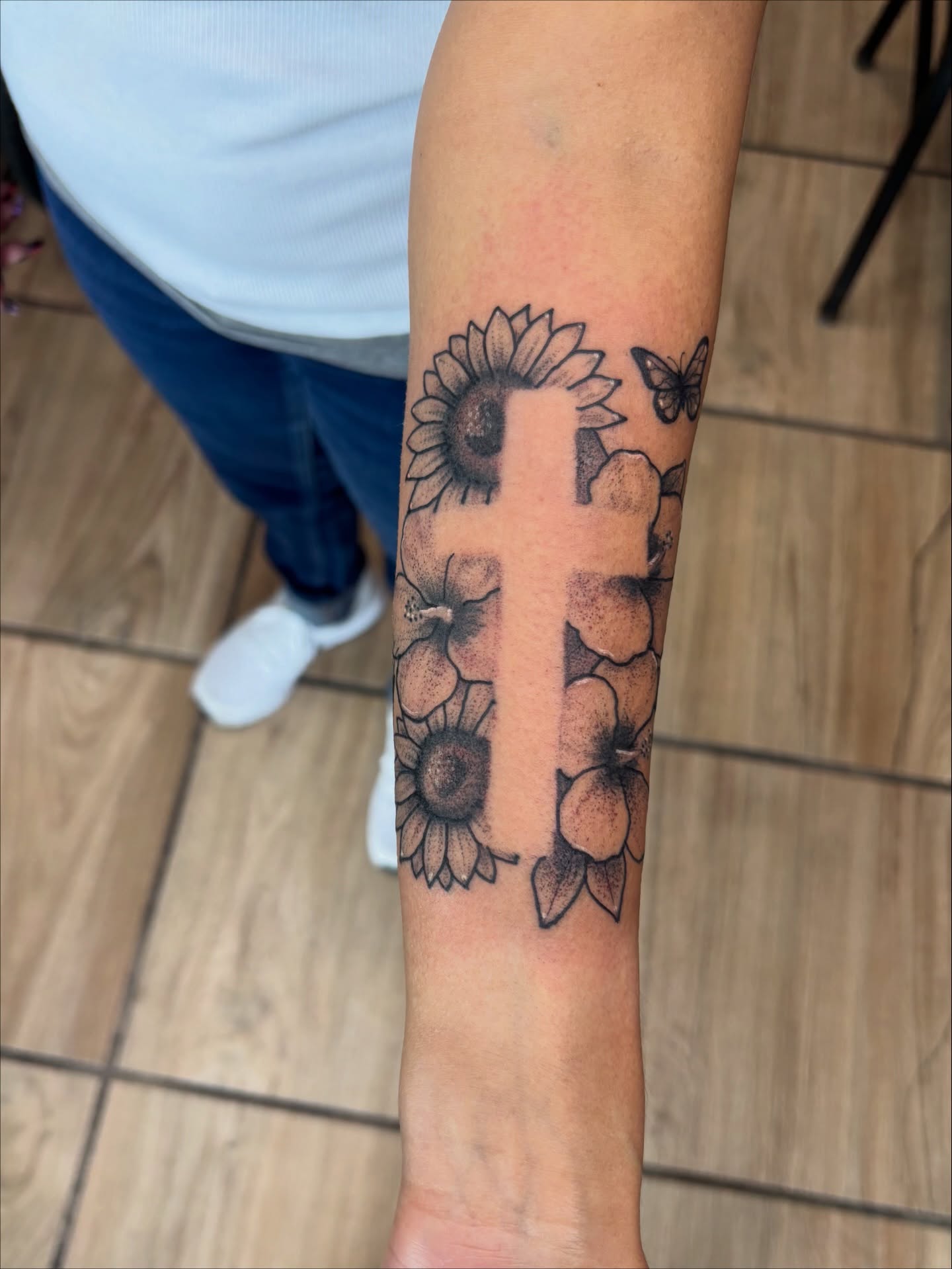 Cross with sunflowers dotwork tattoo on the forearm by Samantha💋🥀