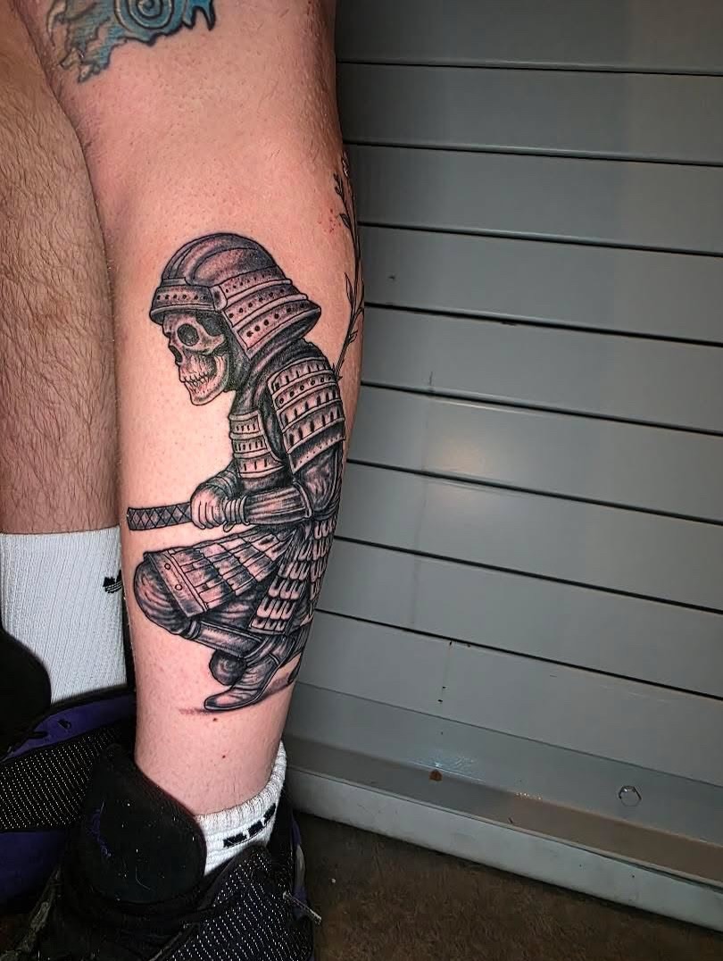 Samurai warrior black and grey tattoo on the forearm by Dylan Fowler