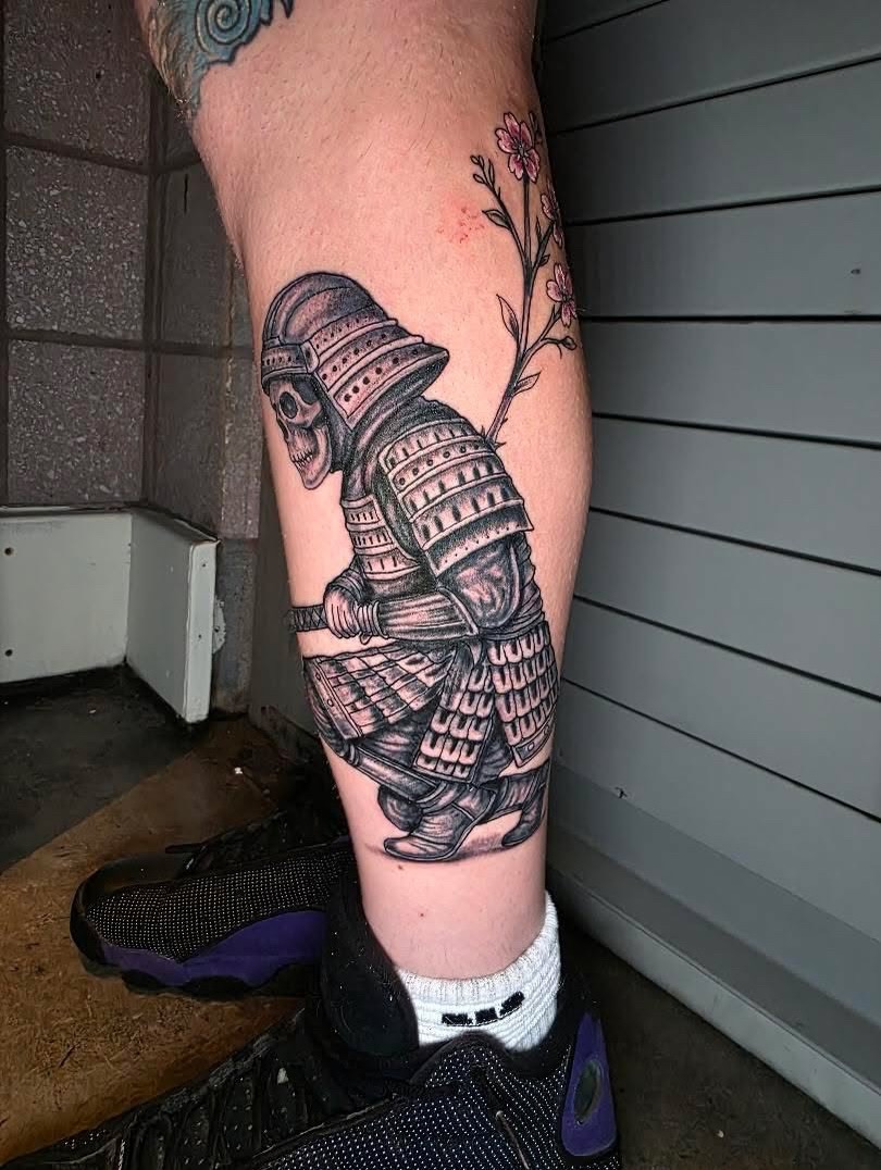 Samurai warrior realism tattoo on the calf by Dylan Fowler