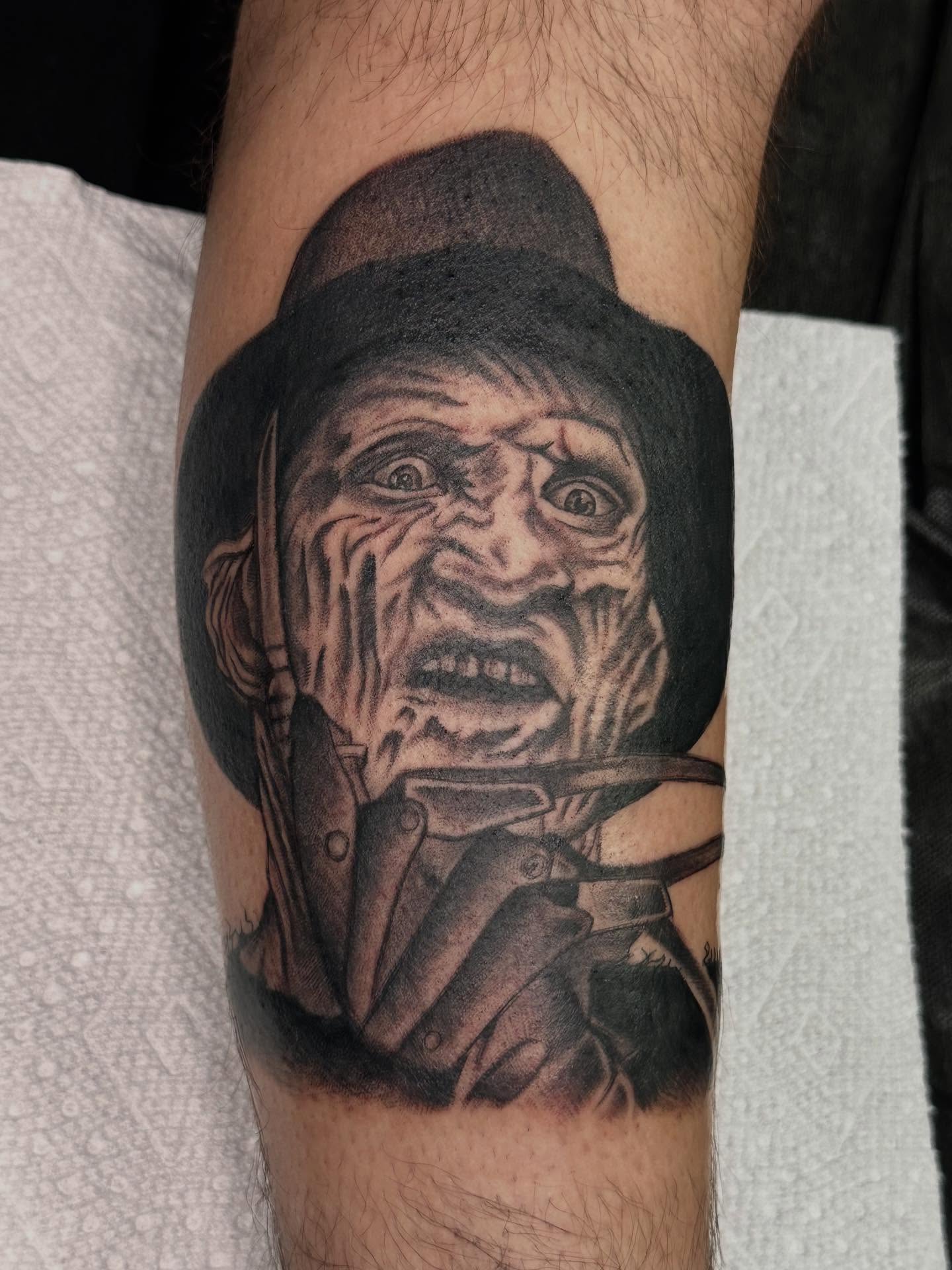 Friday the 13th character realism tattoo on the forearm by Kimberly landin