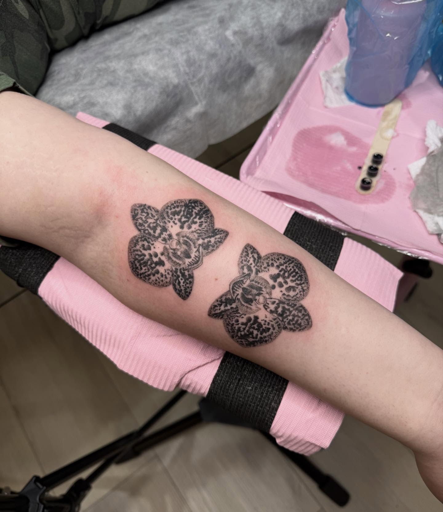 Orchid black and grey tattoo on the forearm by 🗡Addie Kat🗡