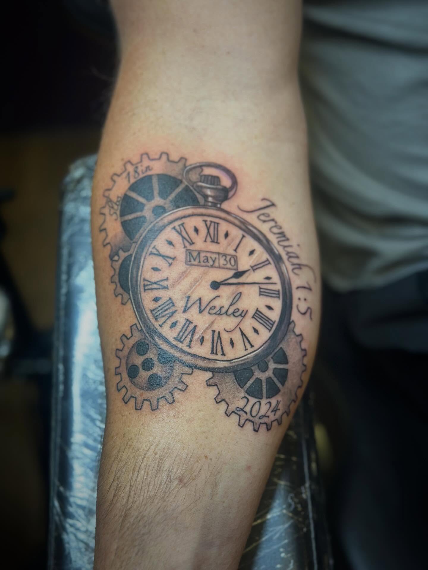 Pocket watch black and grey tattoo on the forearm by Joshua Ware, Alvarado, Texas