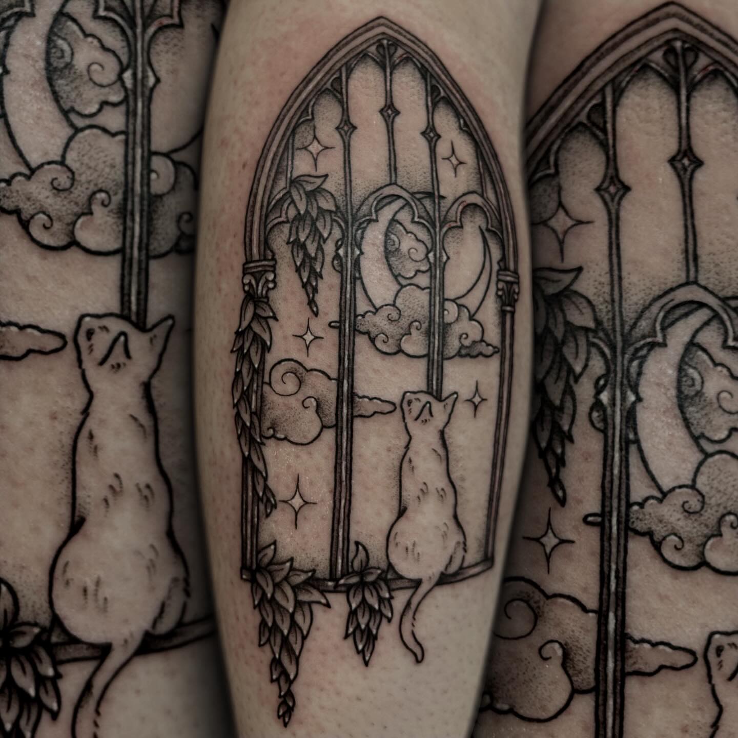 Gothic window with cats geometric tattoo on the forearm by abby ☽ marie