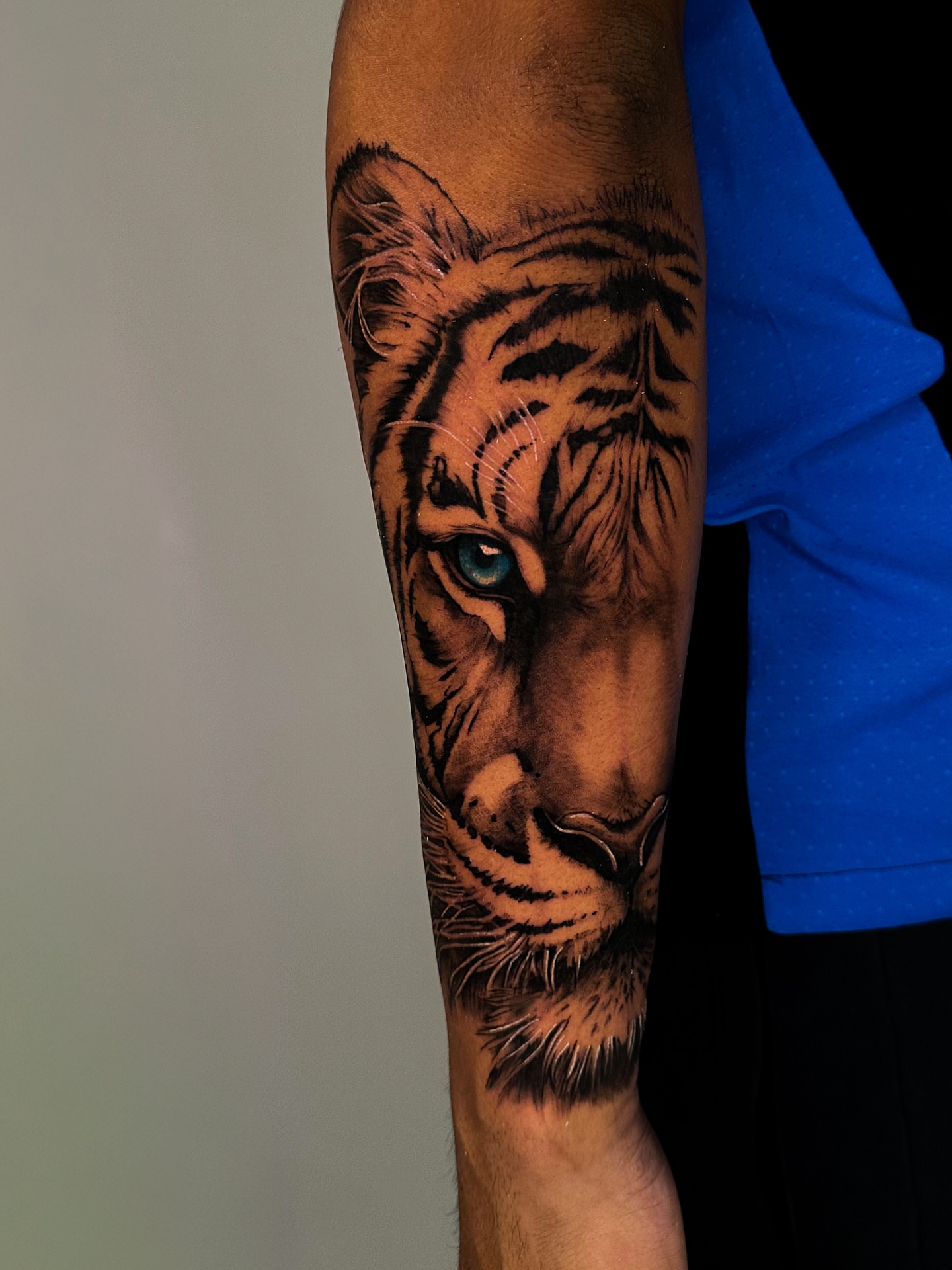 Tiger realism tattoo on the forearm by Lauren