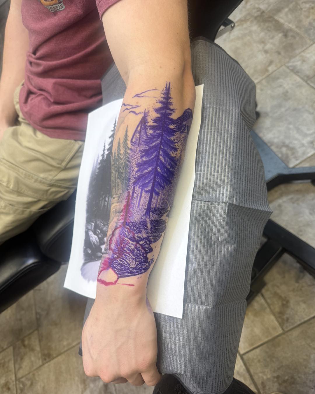 Forest landscape dotwork tattoo on the forearm by 𝔻𝕖𝕣𝕣𝕚𝕔𝕜 𝔹𝕦𝕪𝕖𝕒, East Aurora, New York