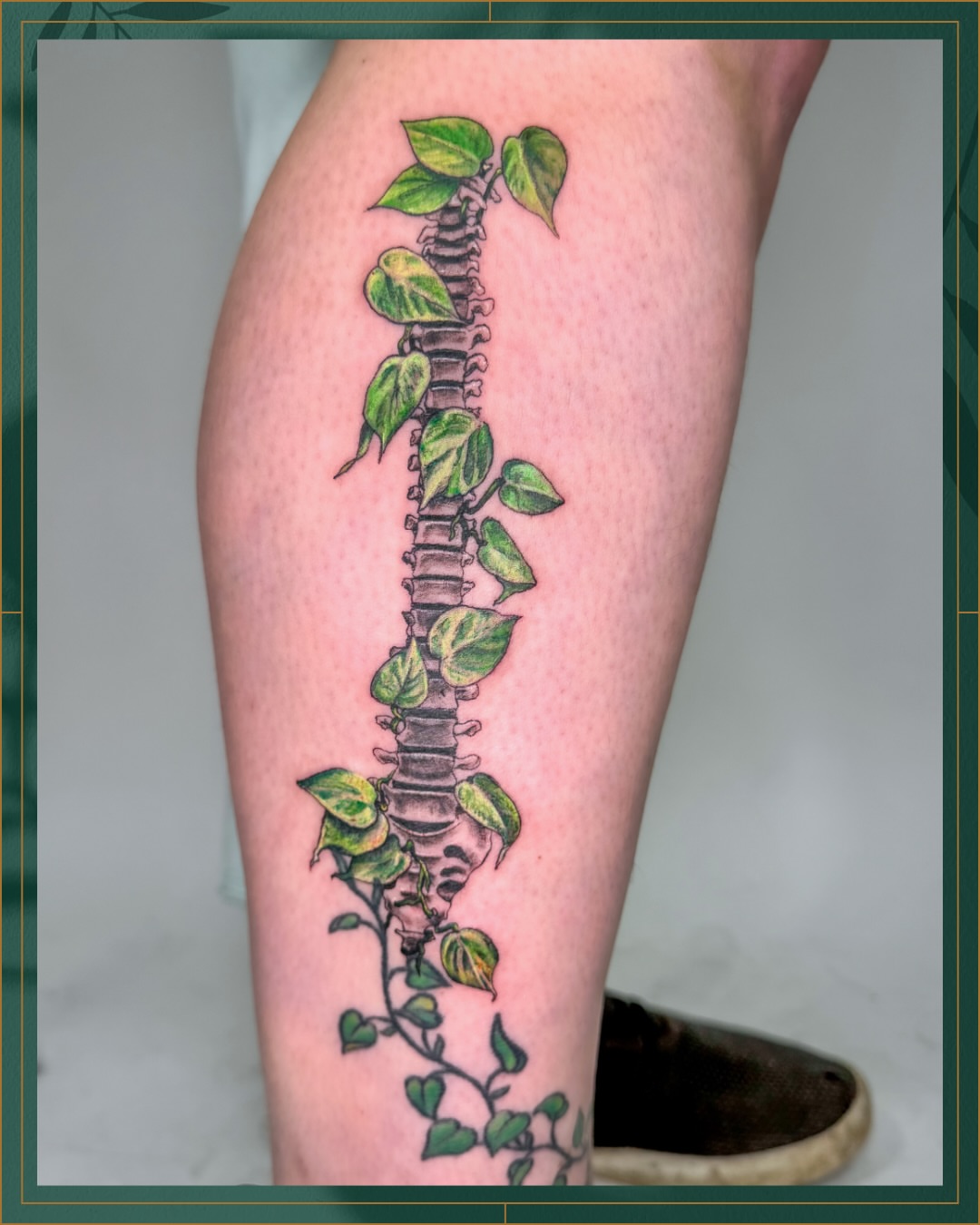 Vine realism tattoo on the calf by Tiffany
