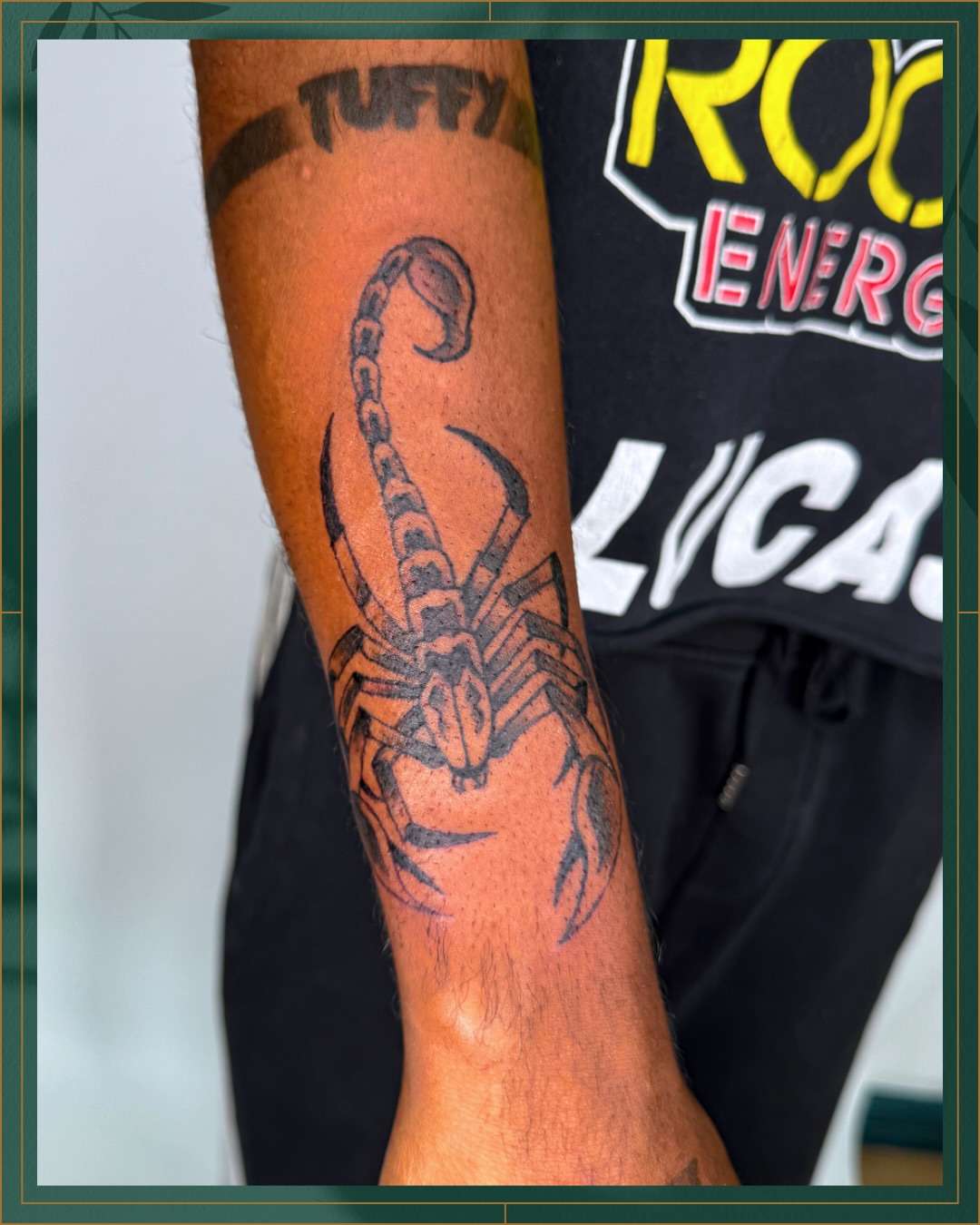 Scorpion black and grey tattoo on the forearm by Tiffany