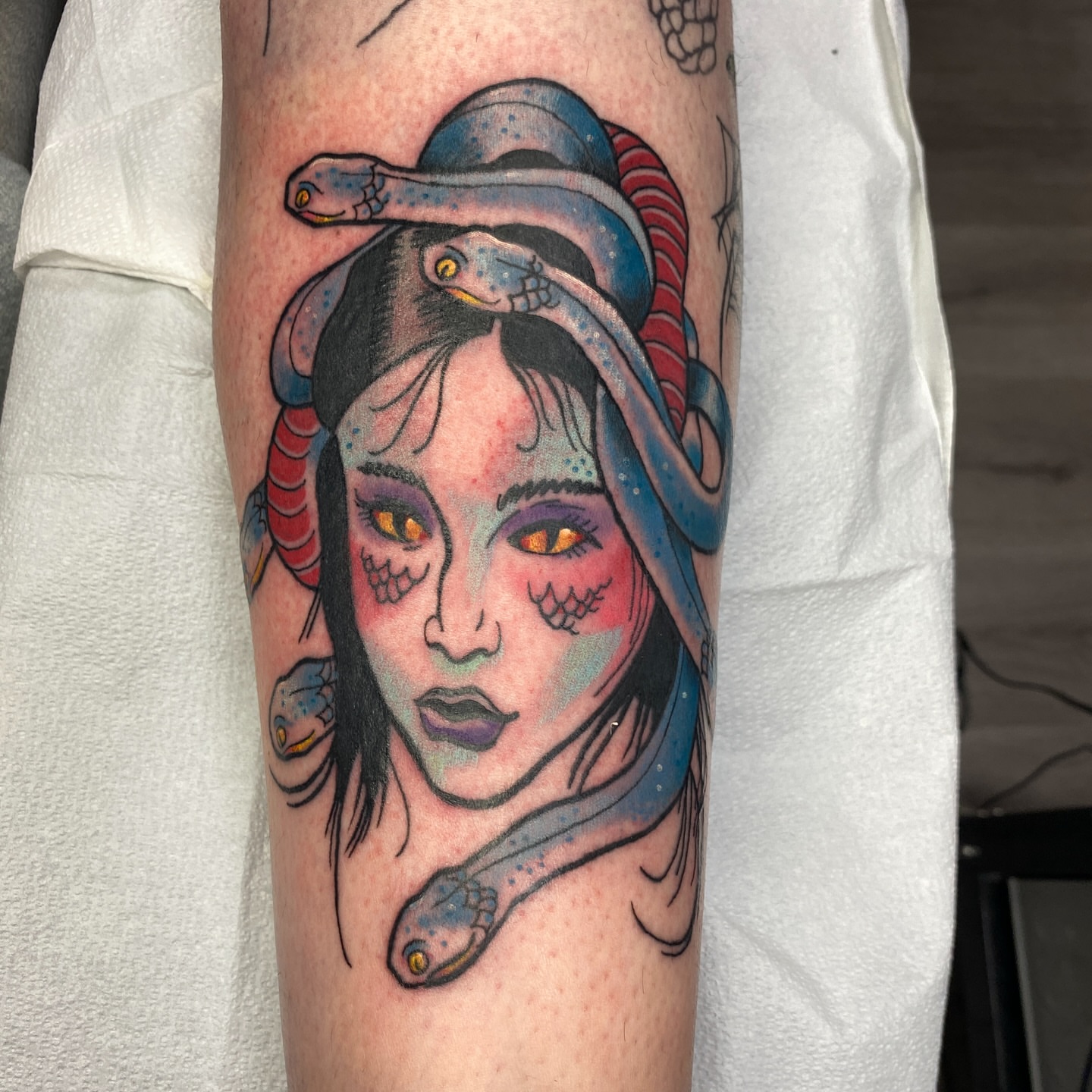 Geisha with snakes American traditional tattoo on the forearm by Mike Gorman - Portland Maine Tattoo Artist, Portland, Maine