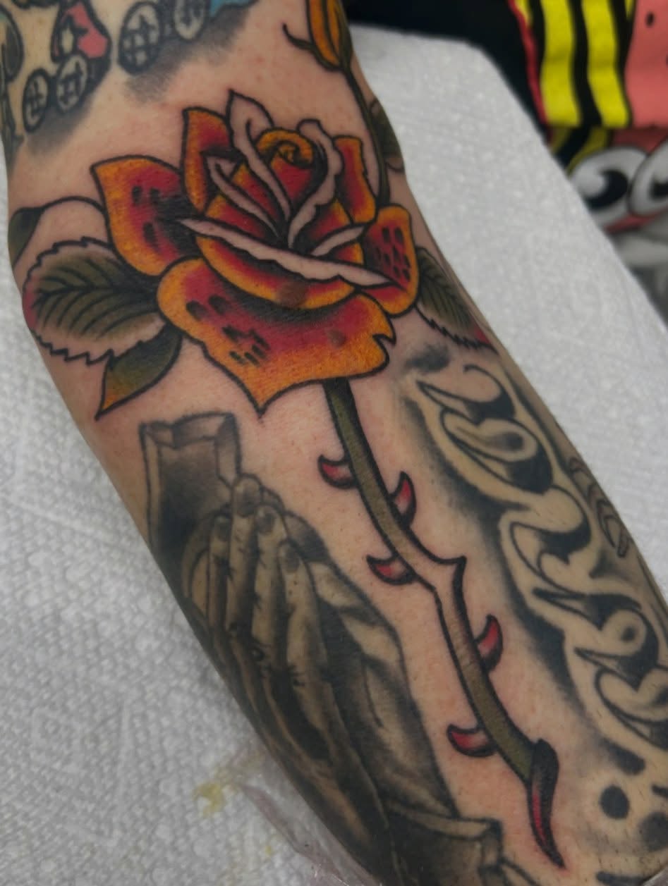 Rose American traditional tattoo on the forearm by Tiffany Vargas