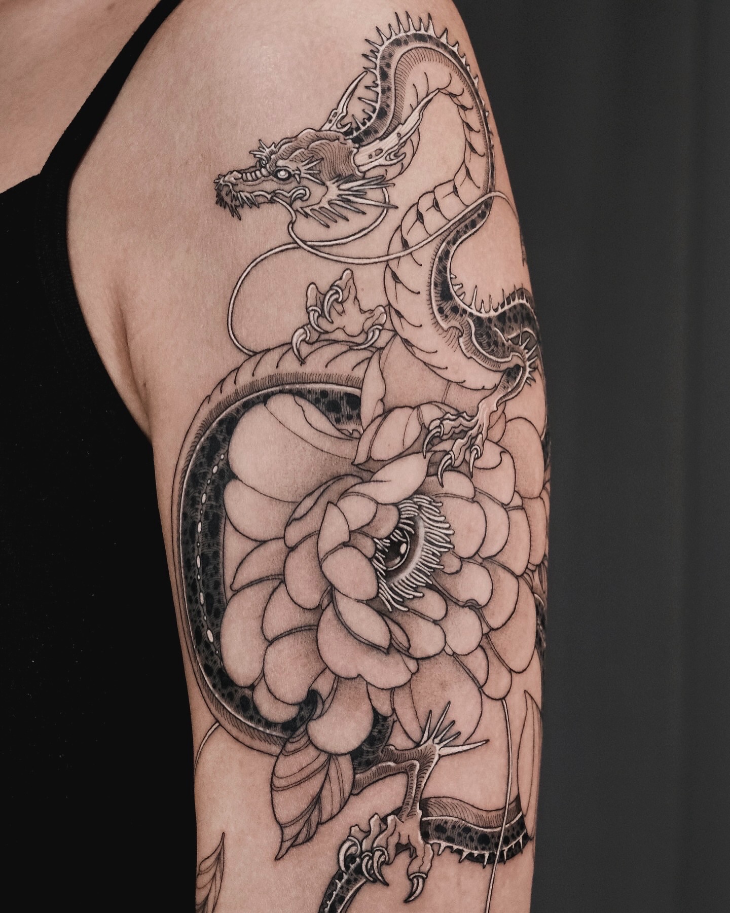 Dragon and lotus japanese irezumi tattoo on the forearm by p o b i