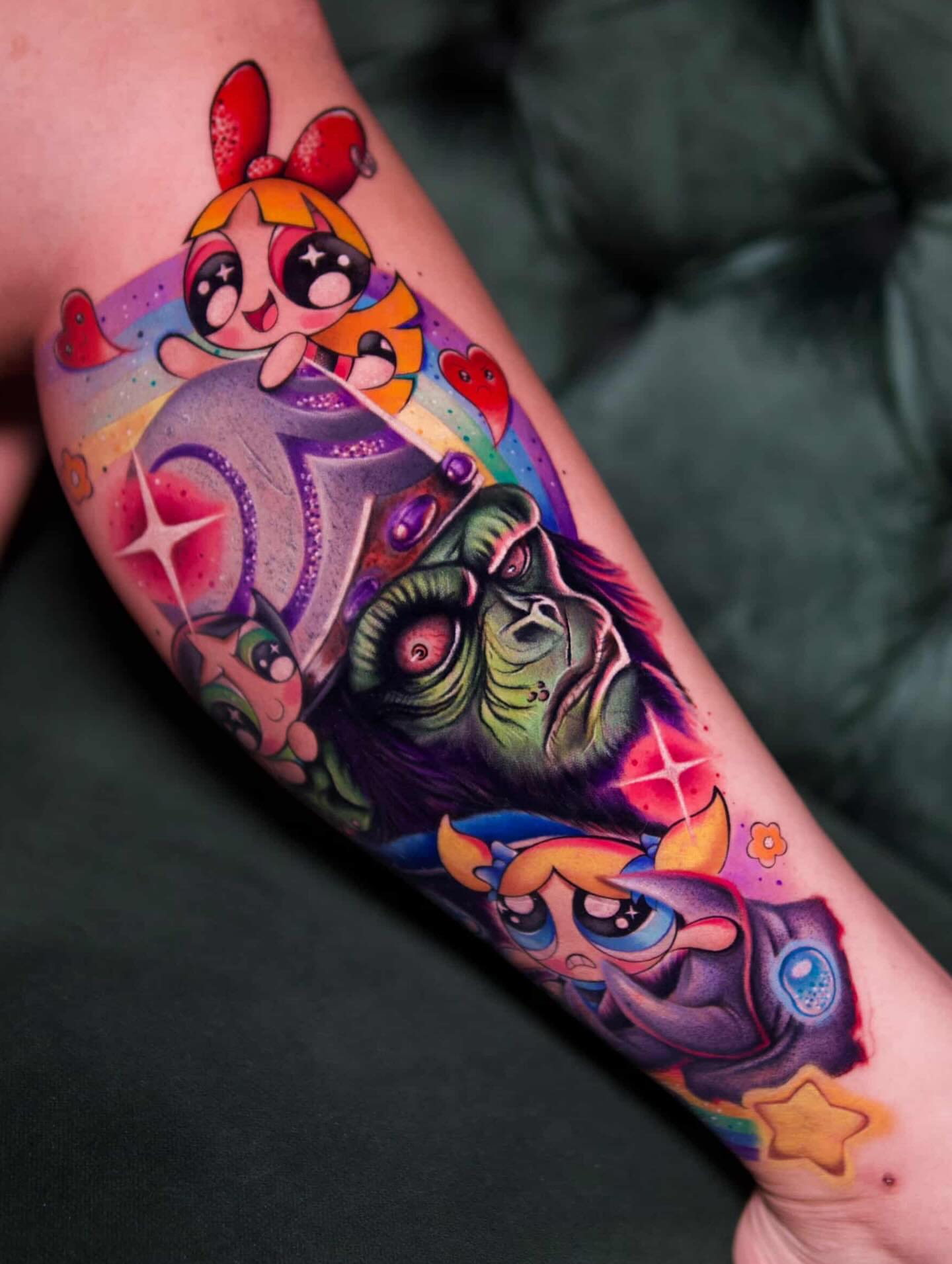Powerpuff Girls and Mojo Jojo new school tattoo on the forearm by Maria Camila yepes, Bogotá, Bogotá, Distrito Capital