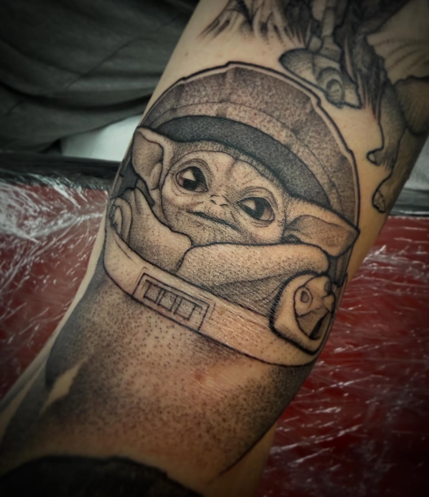 Baby Yoda dotwork tattoo on the forearm by ☠Tanner Peterson☠, Knoxville, Iowa