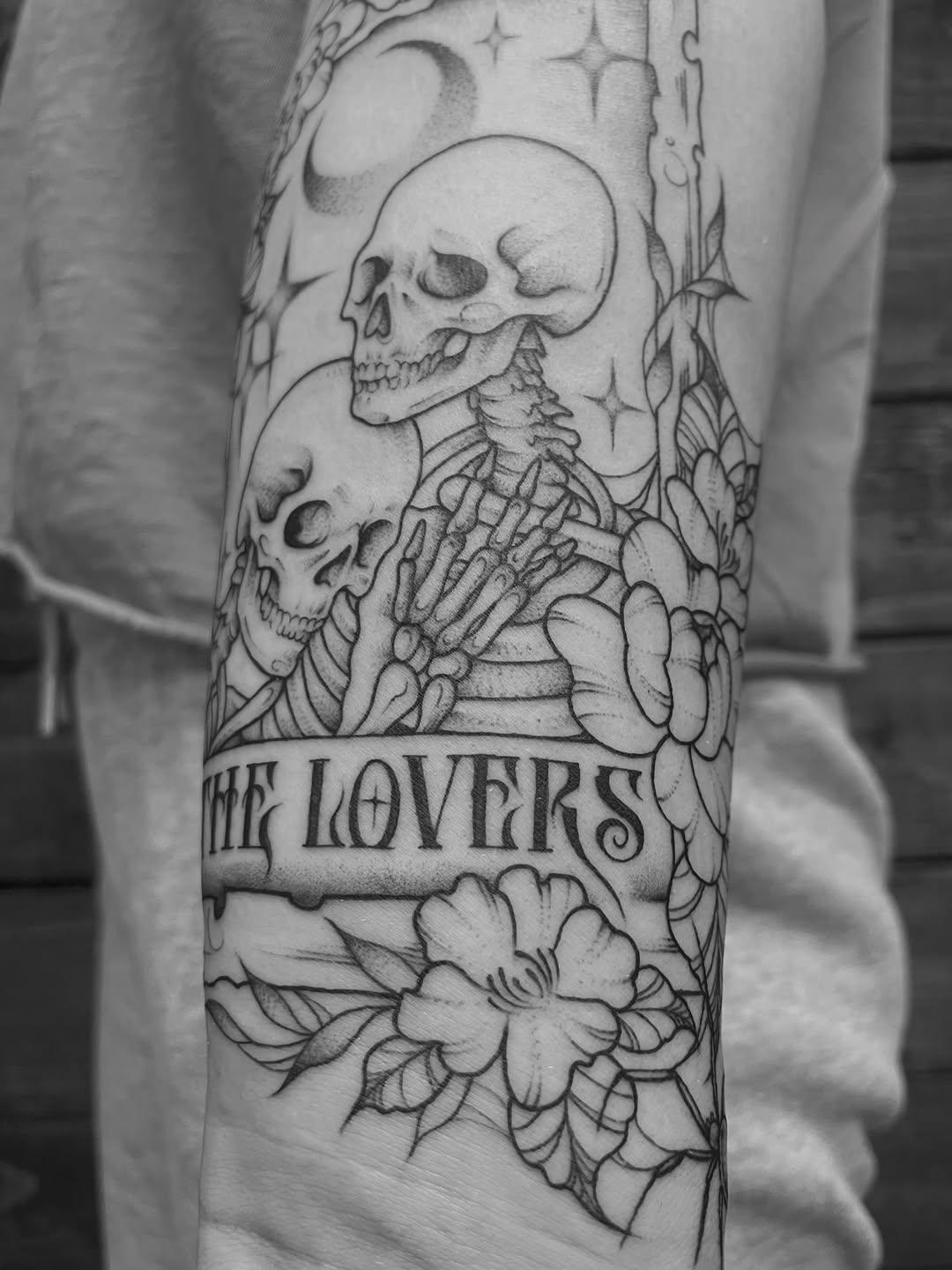Tattoo by @witchpuke — black_and_grey, lettering_script