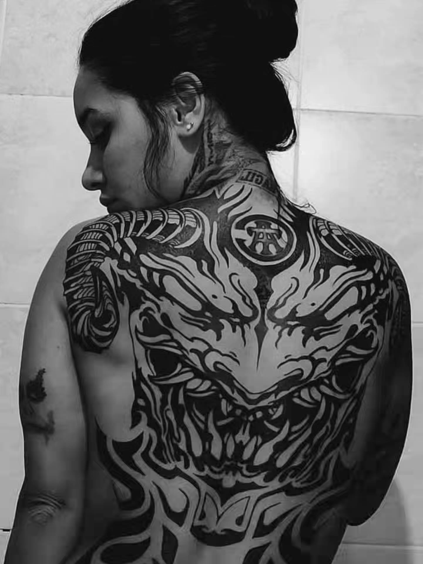 Demon face dark realism tattoo on the back by Pod Viñes