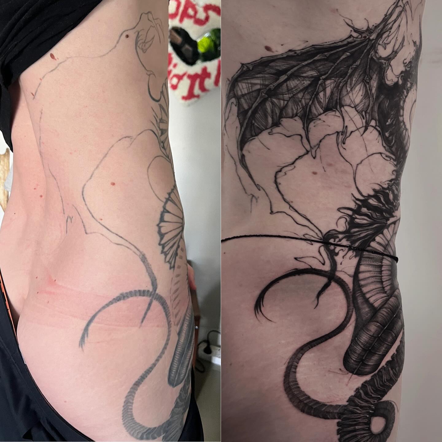 Dragon and flower realism tattoo on the upper arm by Tadi