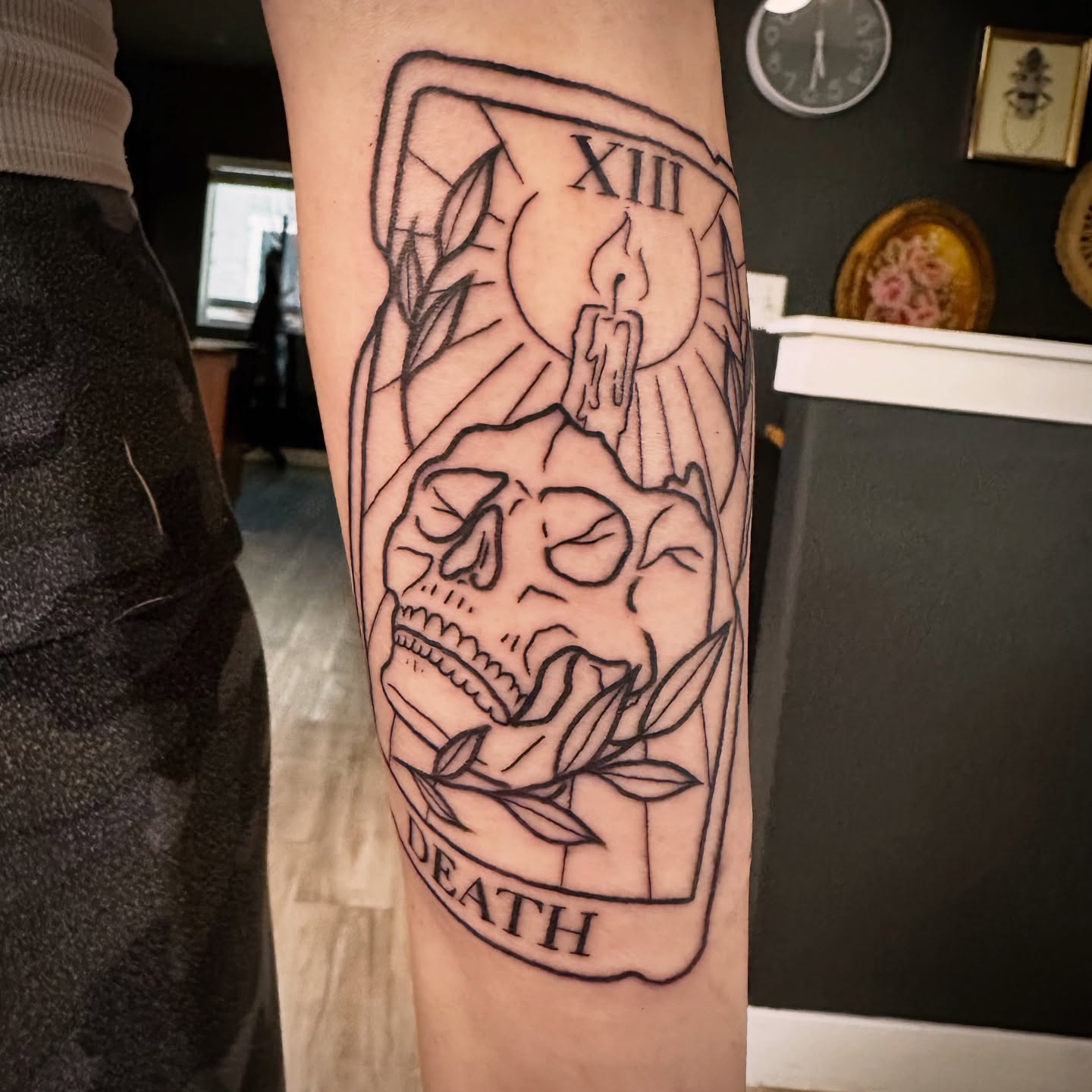 Death tarot card black and grey tattoo on the forearm by Maddie Morrill