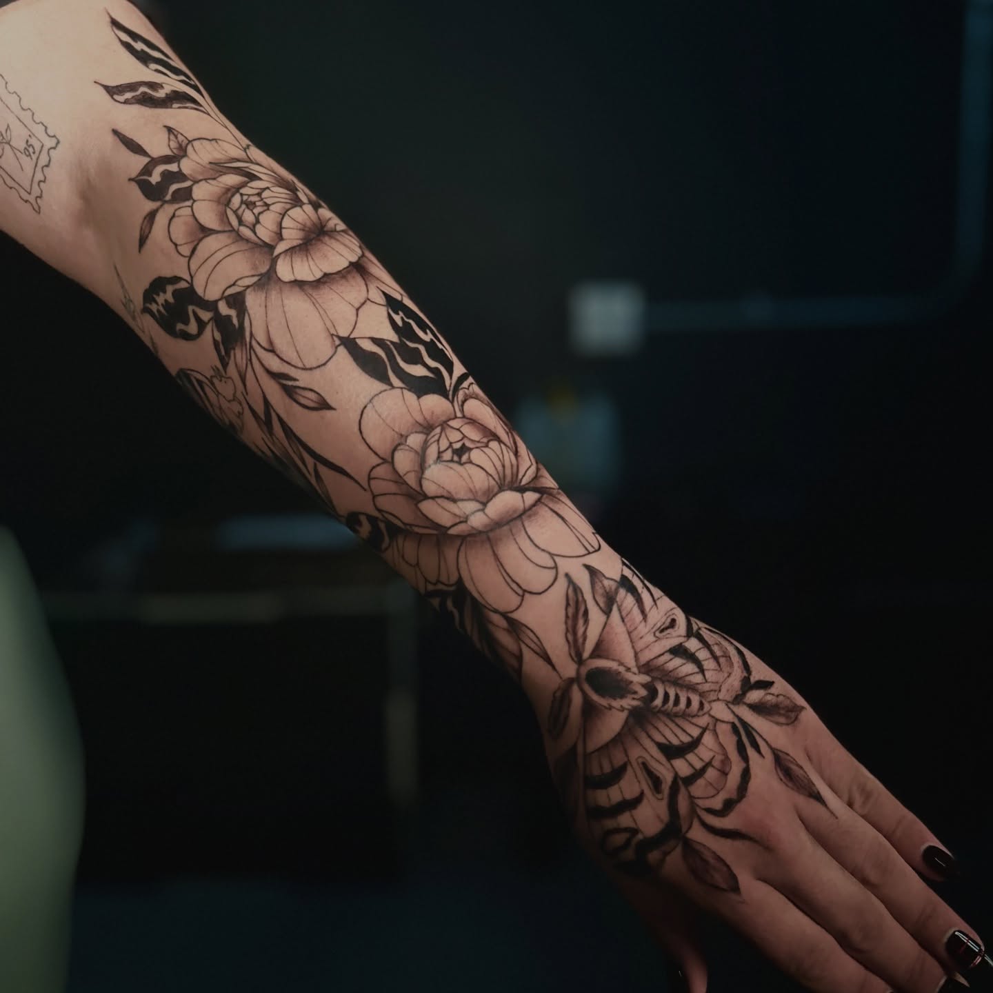 Floral moth black and grey tattoo on the forearm by πΎππ π π·ππ πππππ πΏπππππ π¬πππππ