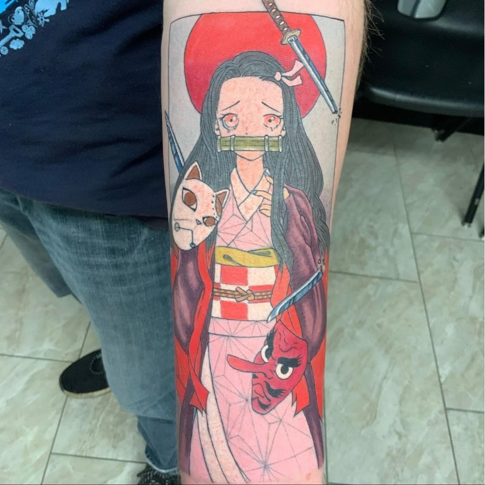 Anime character anime tattoo on the forearm by Shane Montie, Killeen, Texas