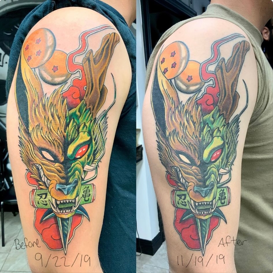 Dragon American traditional tattoo on the upper arm by Shane Montie, Killeen, Texas
