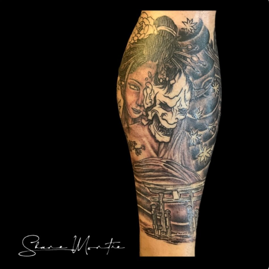 Geisha and mask japanese irezumi tattoo on the forearm by Shane Montie, Killeen, Texas