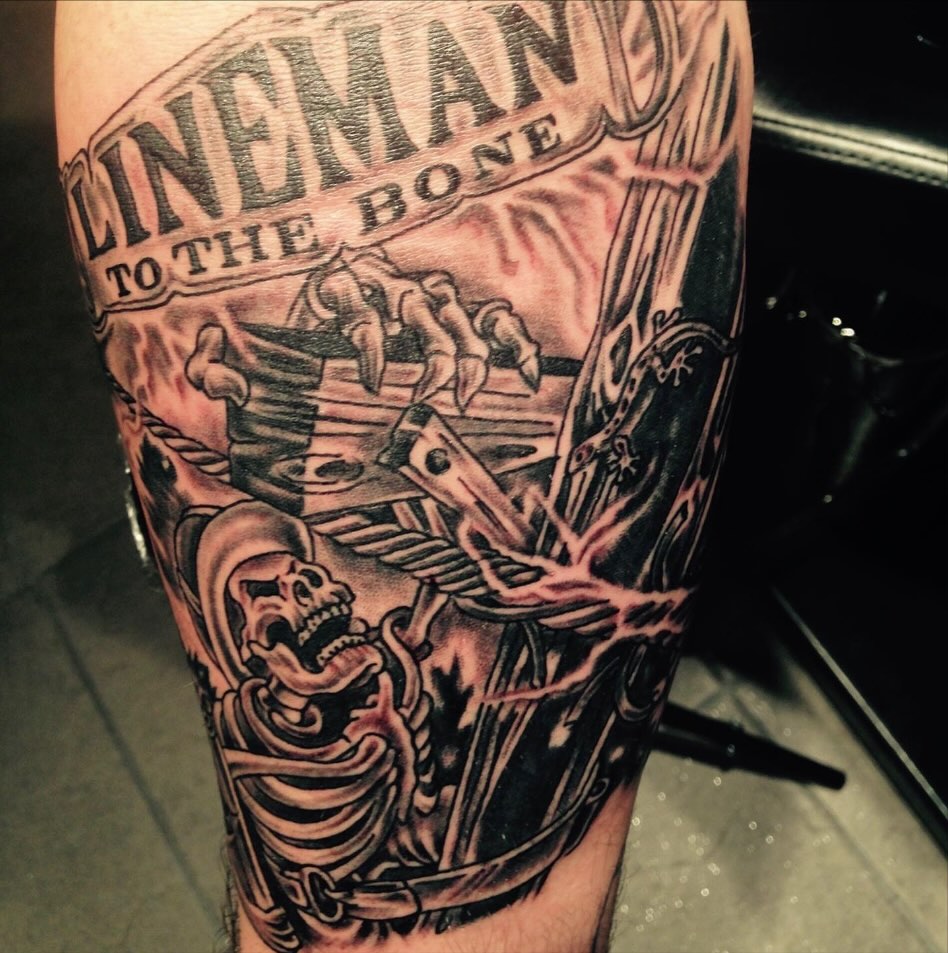 Lineman to the bone American traditional tattoo on the forearm by Shane Montie, Killeen, Texas