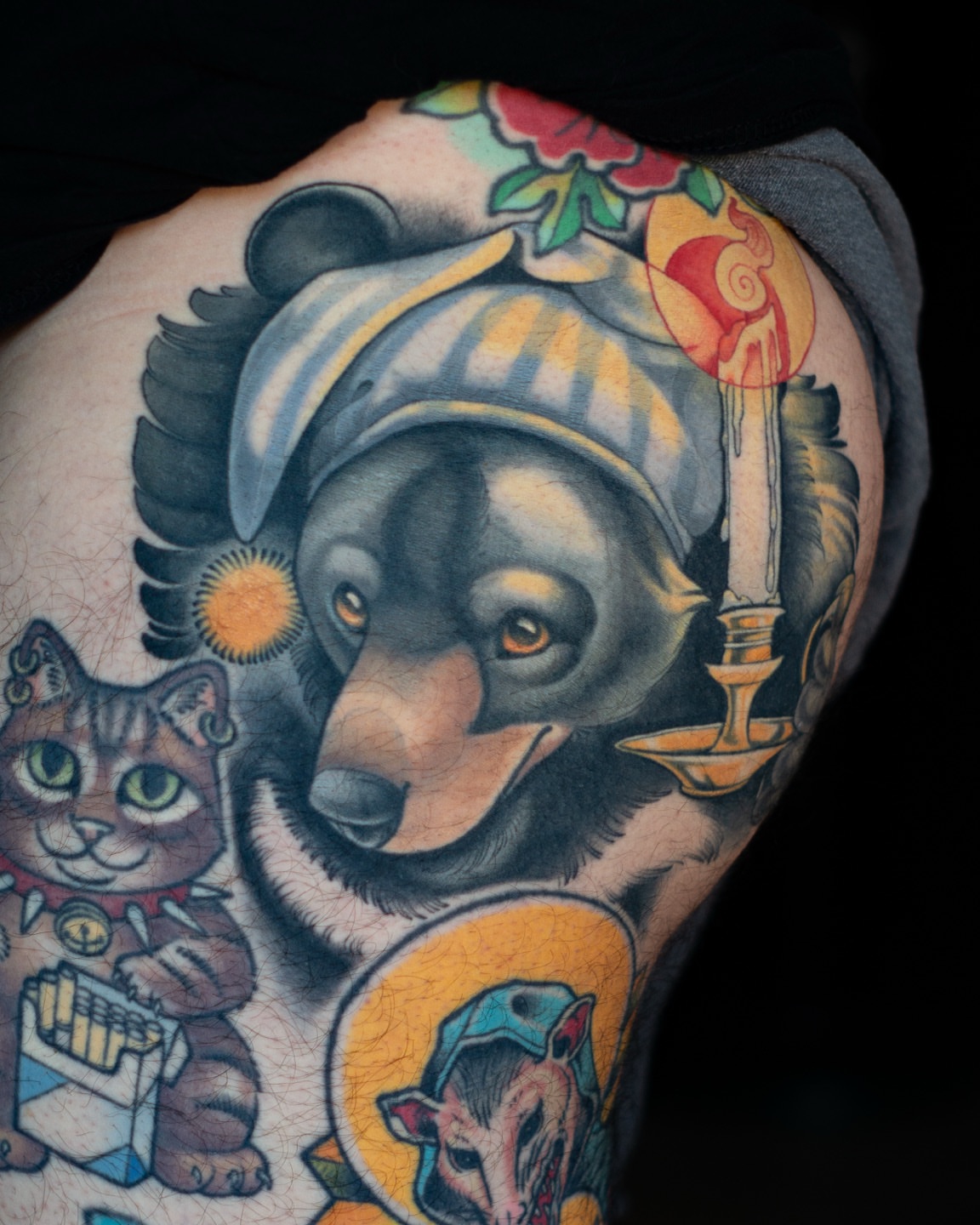 Bear with turban American traditional tattoo on the thigh by Hannah Steele