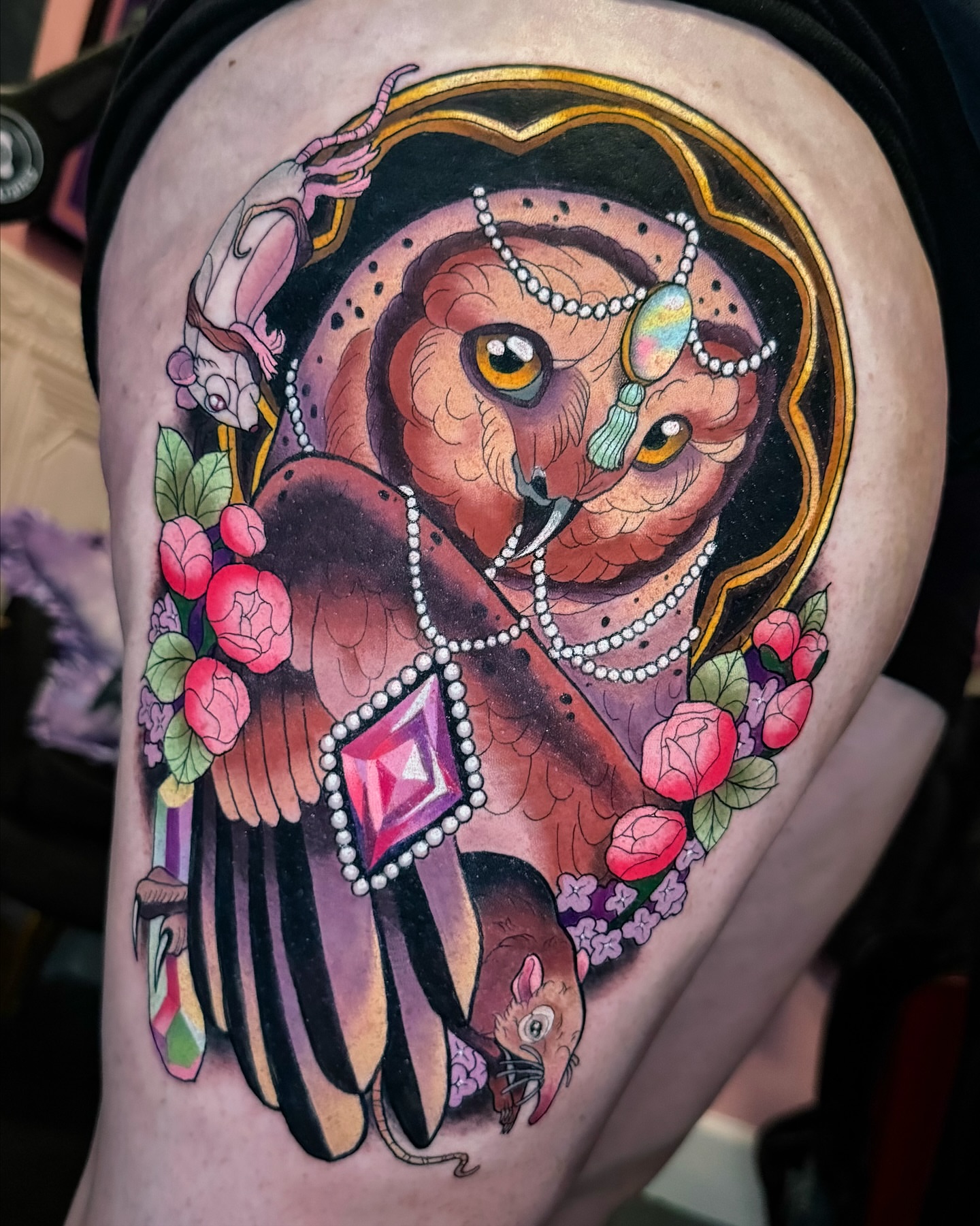 Owl with jewelry new school tattoo on the thigh by 𝔐𝔞𝔯𝔰 ✨
