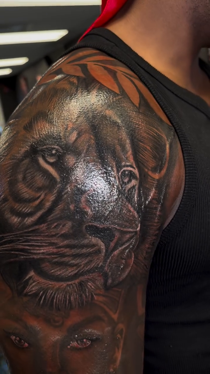 Lion and woman portrait realism tattoo by Licensed Tattoo Artist πΈπ»