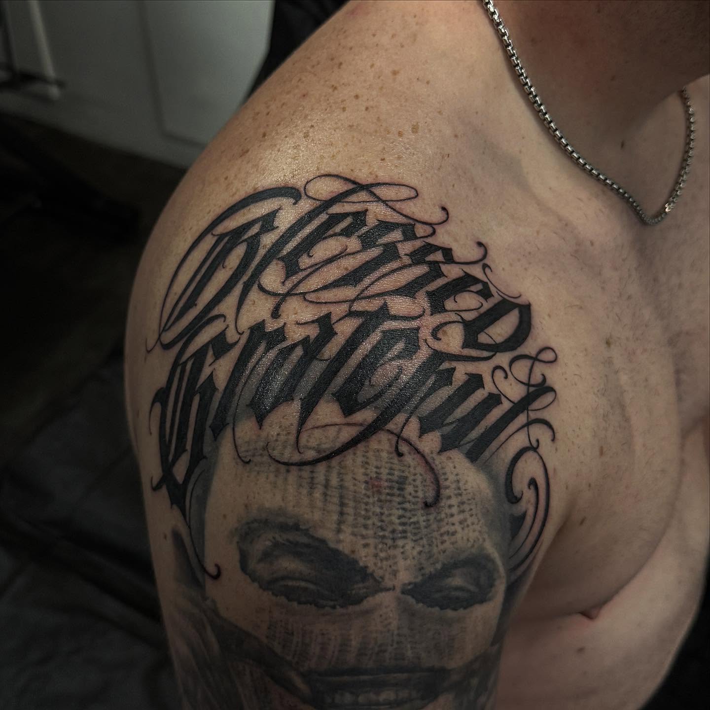 Script lettering lettering script tattoo on the shoulder by Chicanocustomlettering