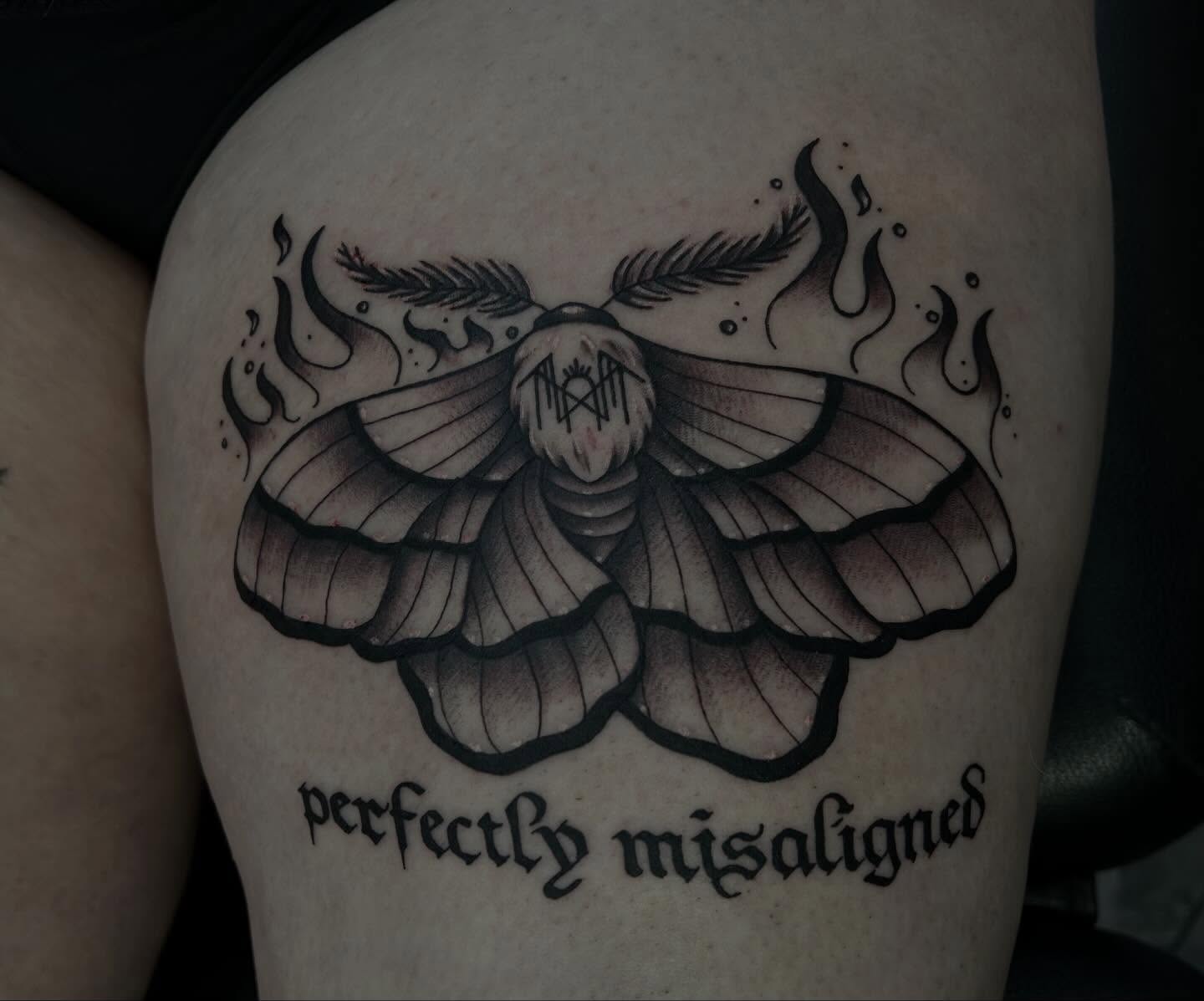 Moth black and grey tattoo on the thigh by abby ☽ marie