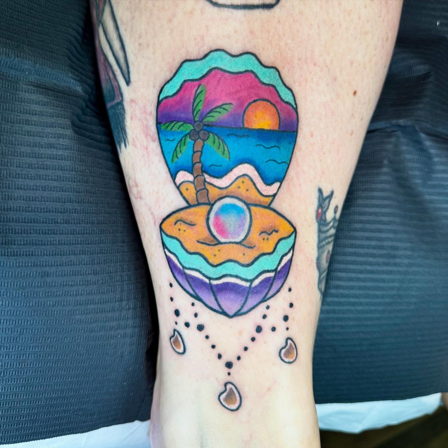 Beach scene dotwork tattoo on the forearm by Zakariah⚡️🏳️‍⚧️✨