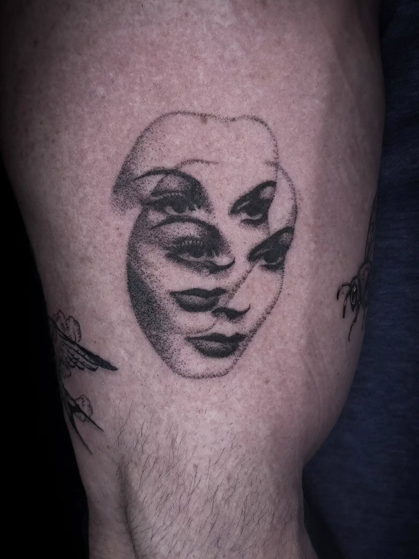 Mask dotwork tattoo on the thigh by Viktoriia ▪︎ Tattoo ▪︎ Chicago ▪︎ Naperville