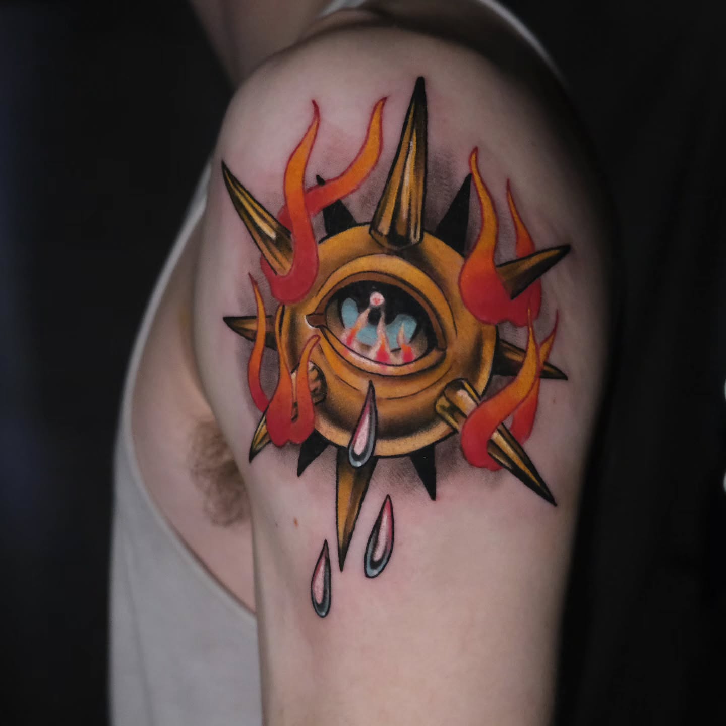 Eye with flames neo-traditional tattoo on the shoulder by Tash  - Seattle Tattoo Artist