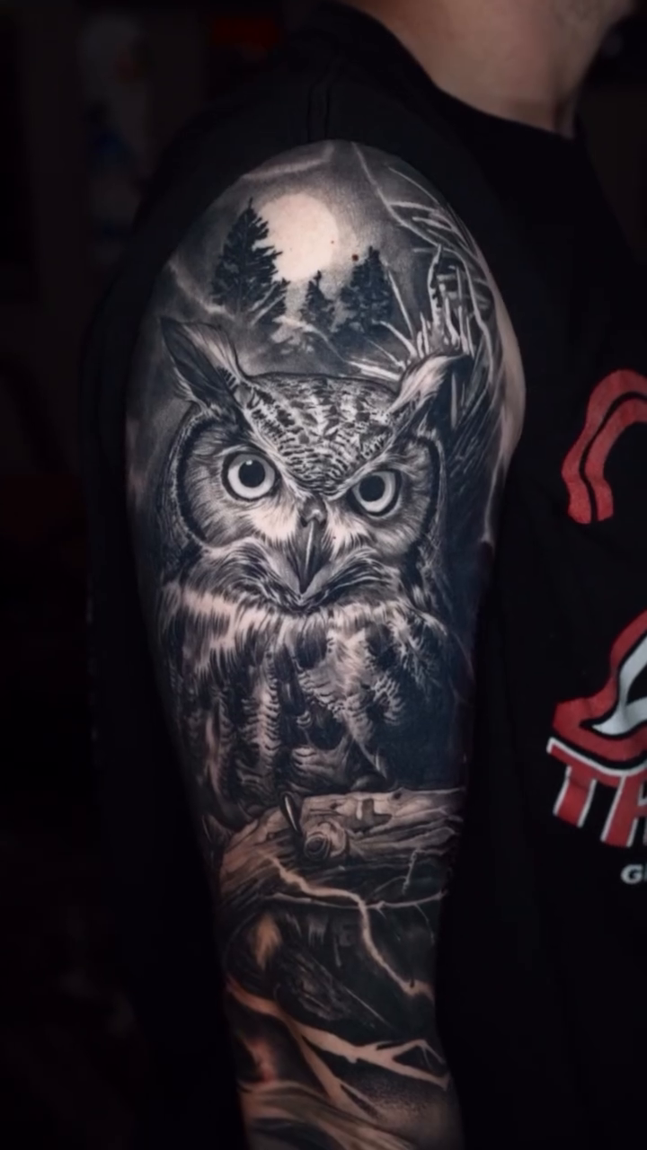 Owl and landscape realism tattoo by Jake Ross, Mentor, Ohio