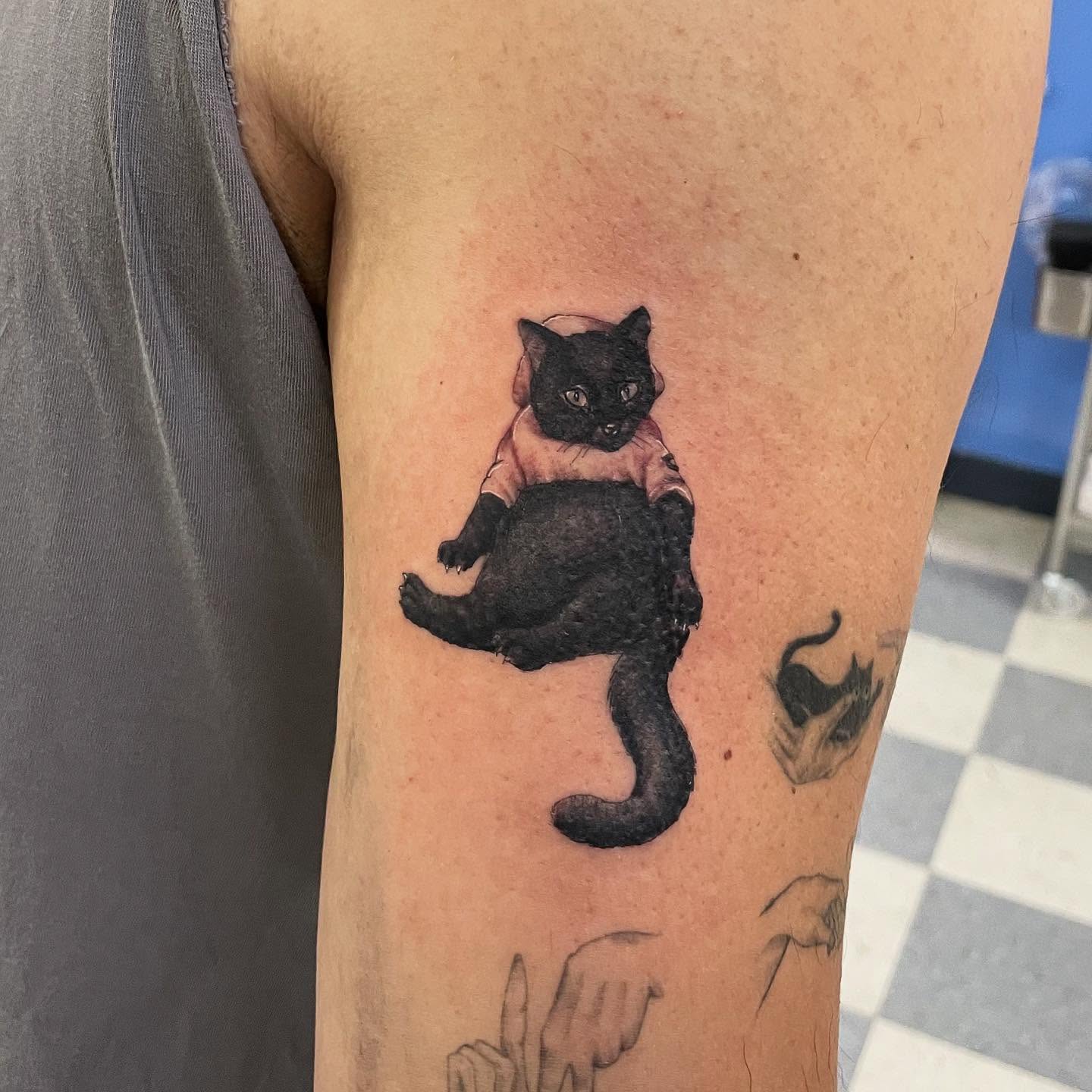 Black cat wearing sweater realism tattoo on the forearm by Manny