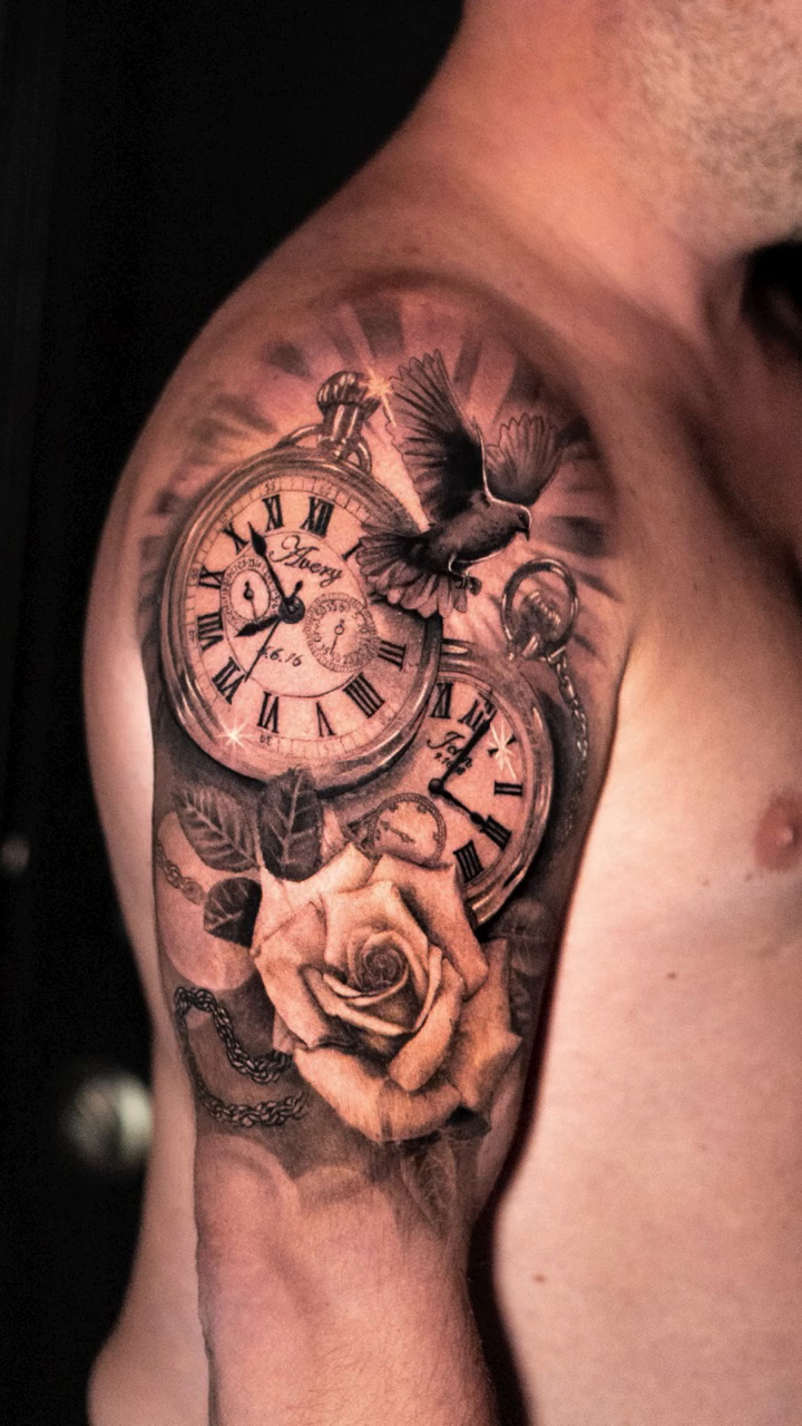Clock and rose realism tattoo by James Jurado