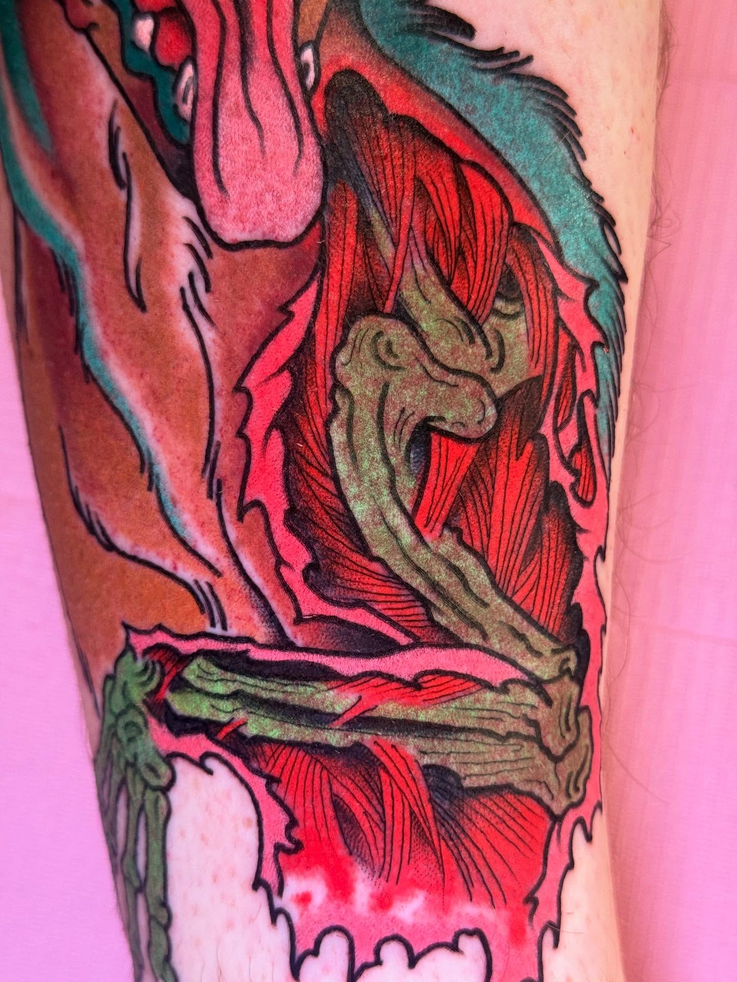 Dragon American traditional tattoo on the forearm by Cassie O'Neal DeBord